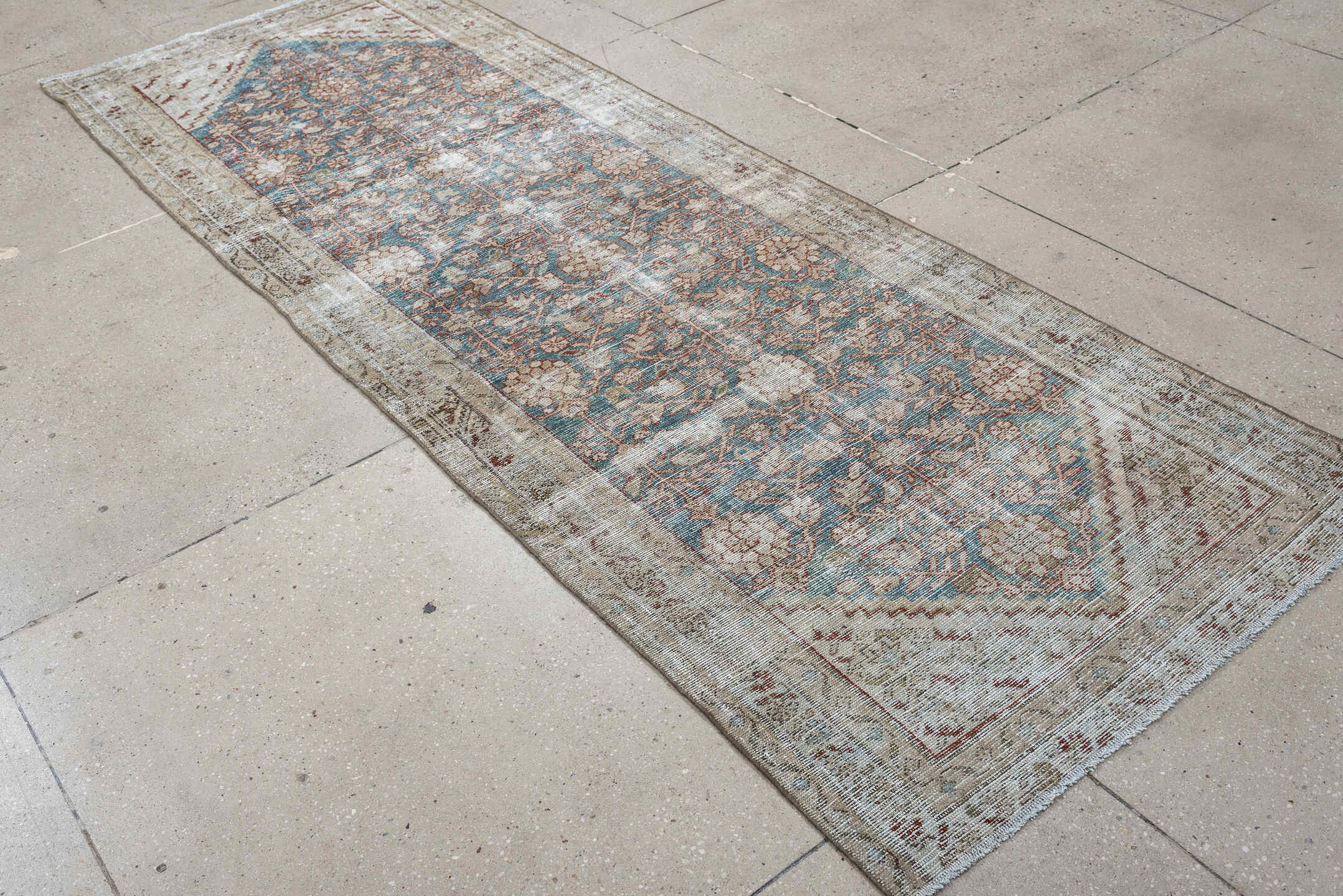 3' x 9' one-of-a-kind handmade antique Malayer runner rug. Color palette: ivory, sky blue, taupe, rose, beige, soft brown
