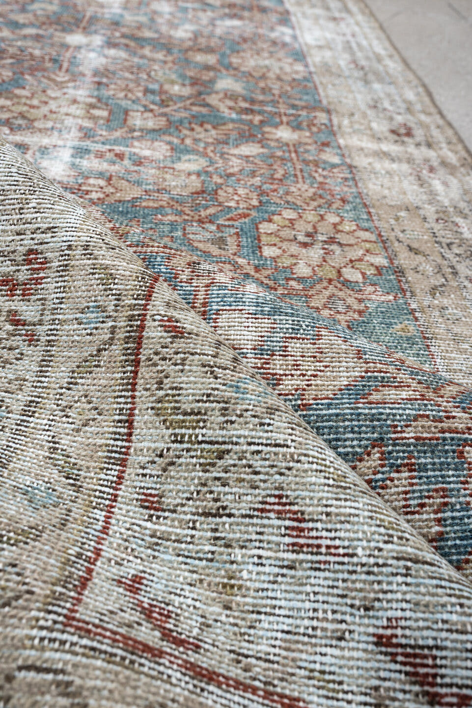 3' x 9' one-of-a-kind handmade antique Malayer runner rug. Color palette: ivory, sky blue, taupe, rose, beige, soft brown