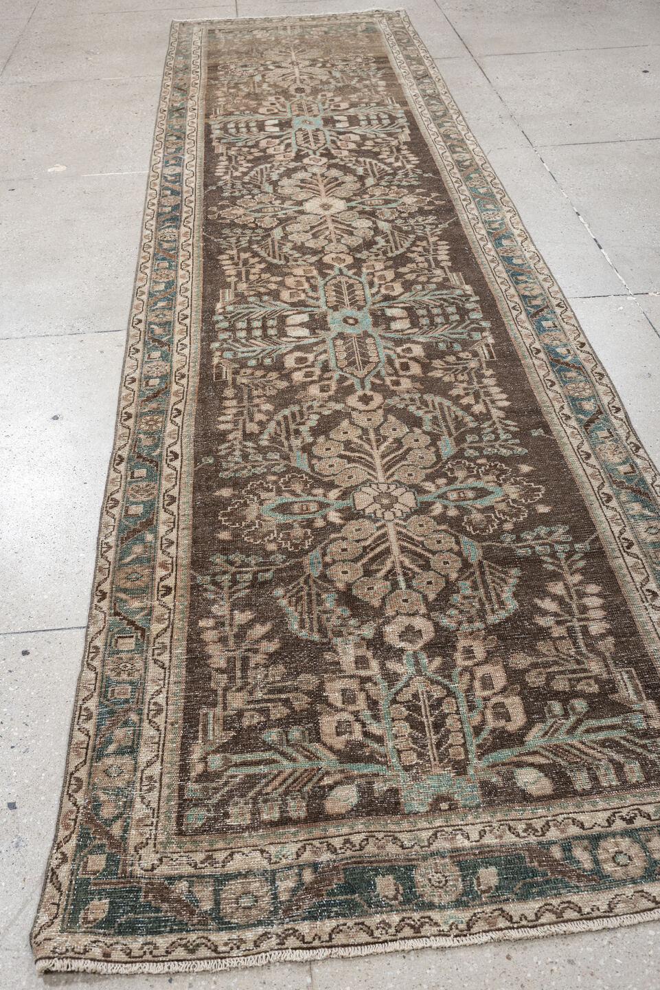 3' x 13' one-of-a-kind handmade antique Hamadan runner rug. Color palette: brown, taupe, ivory, aqua, beige, charcoal, gray