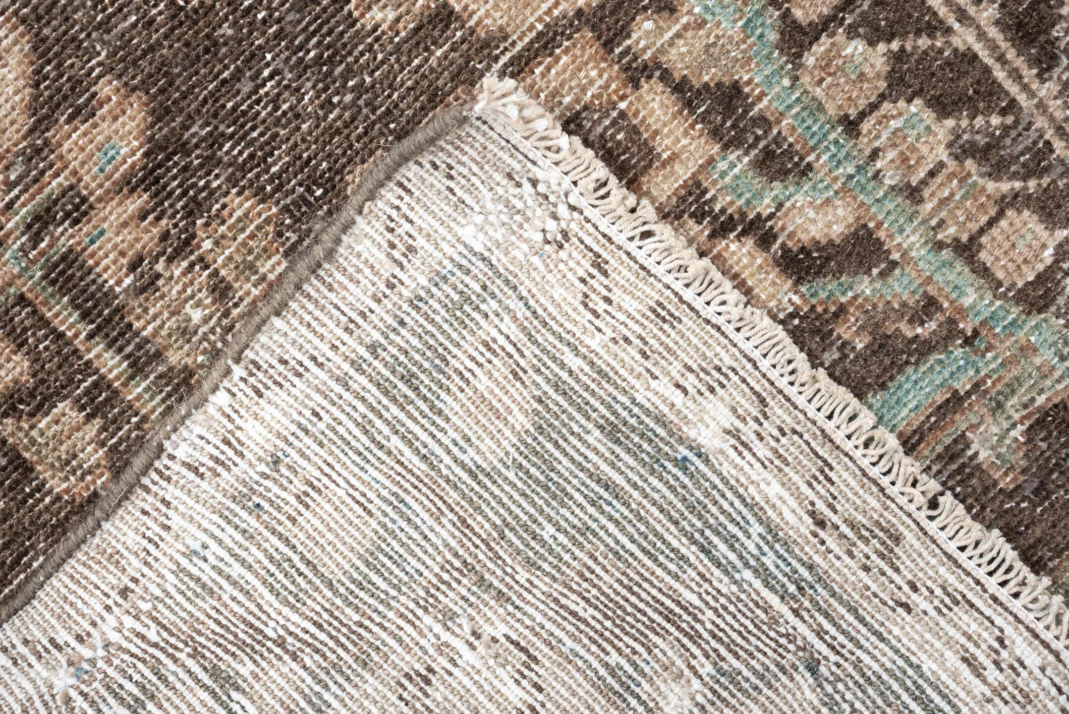 3' x 13' one-of-a-kind handmade antique Hamadan runner rug. Color palette: brown, taupe, ivory, aqua, beige, charcoal, gray