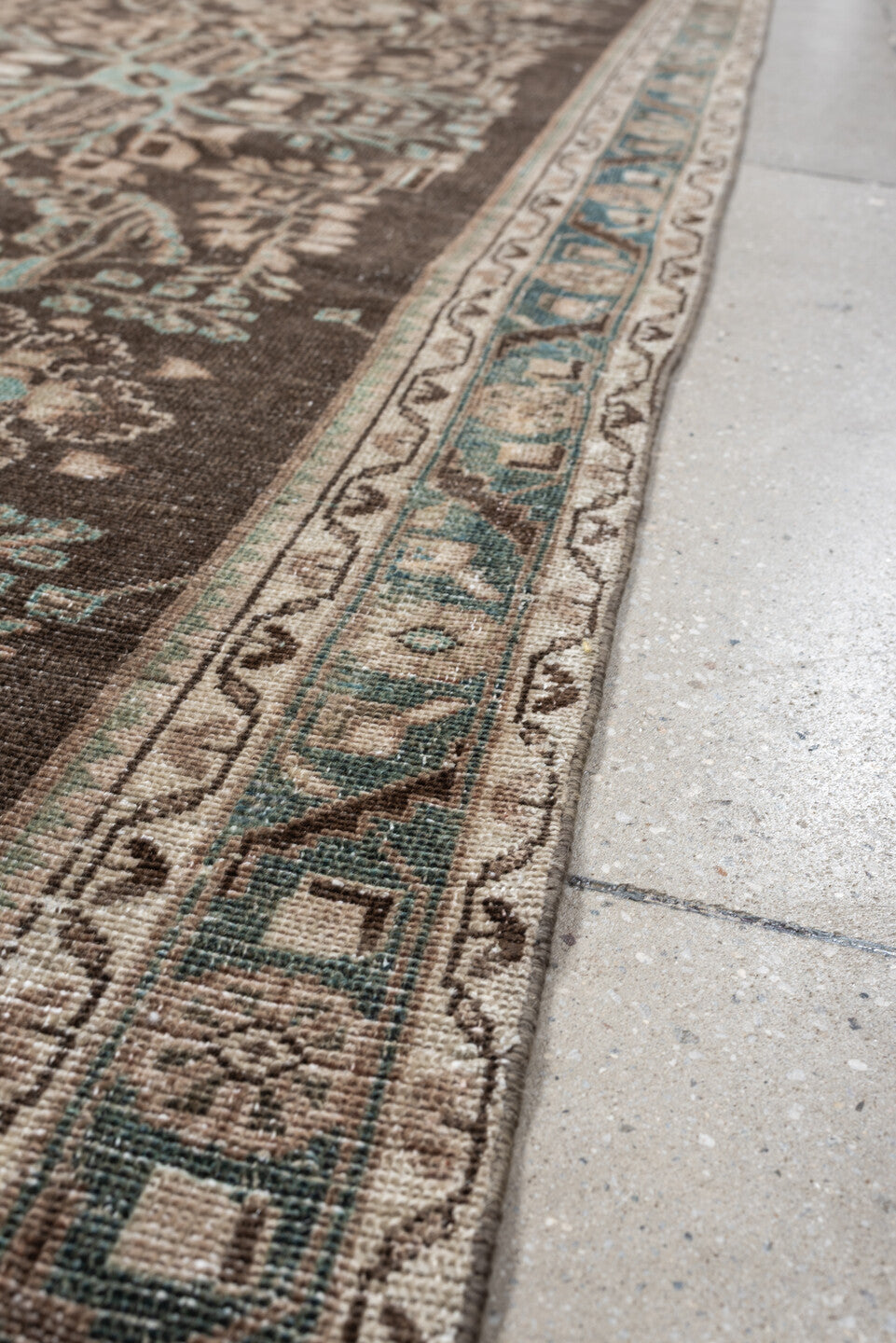 3' x 13' one-of-a-kind handmade antique Hamadan runner rug. Color palette: brown, taupe, ivory, aqua, beige, charcoal, gray