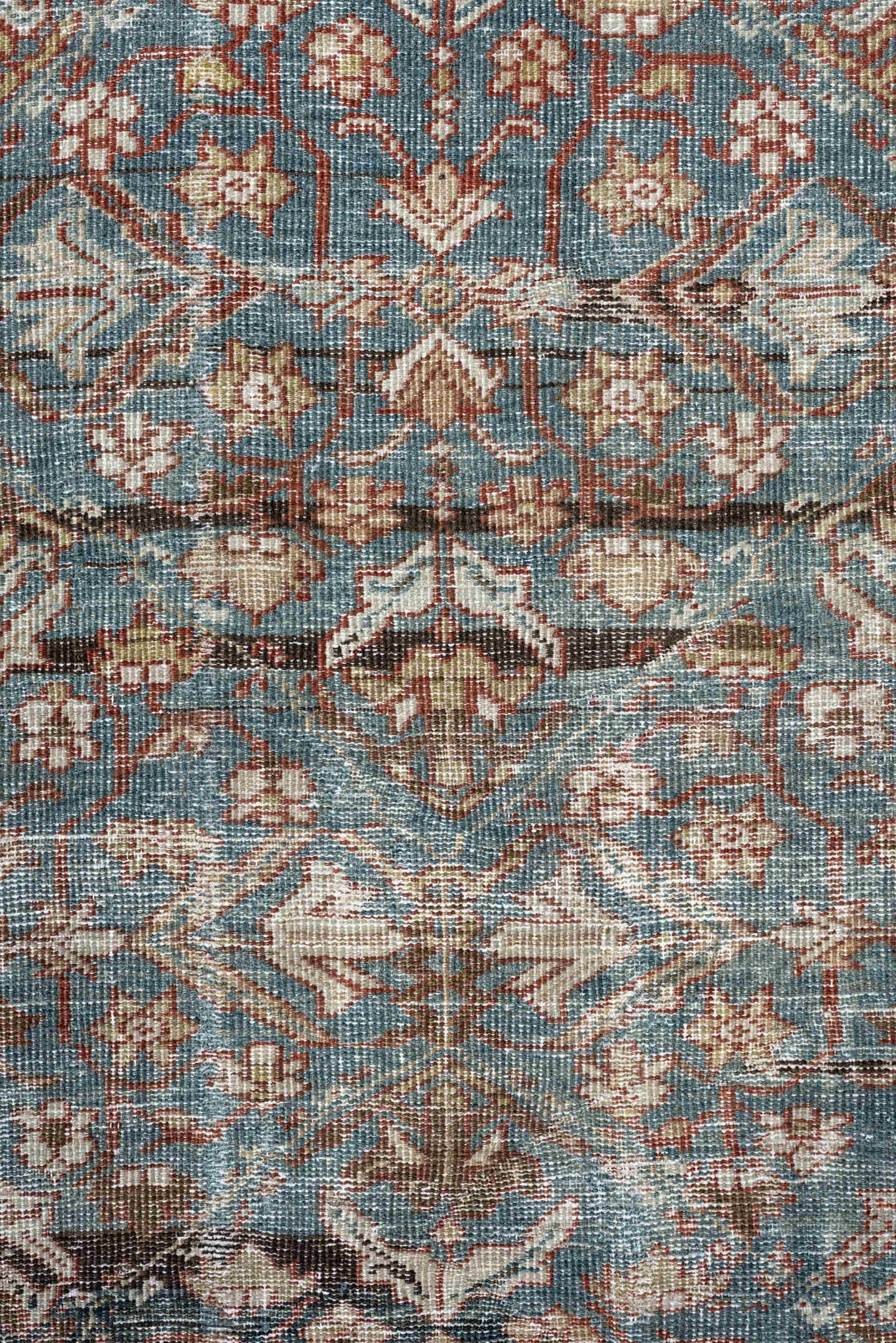 12' x 15' one-of-a-kind handmade antique Mahal oversize rug. Color palette: teal, rust, ivory, brown, taupe, charcoal, camel