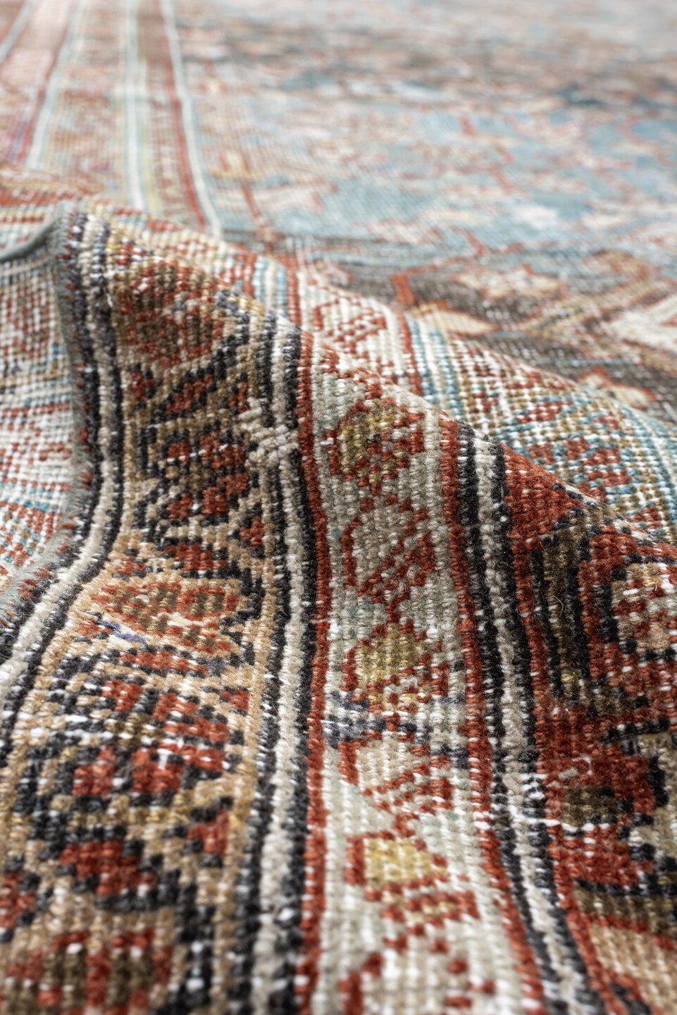 12' x 15' one-of-a-kind handmade antique Mahal oversize rug. Color palette: teal, rust, ivory, brown, taupe, charcoal, camel