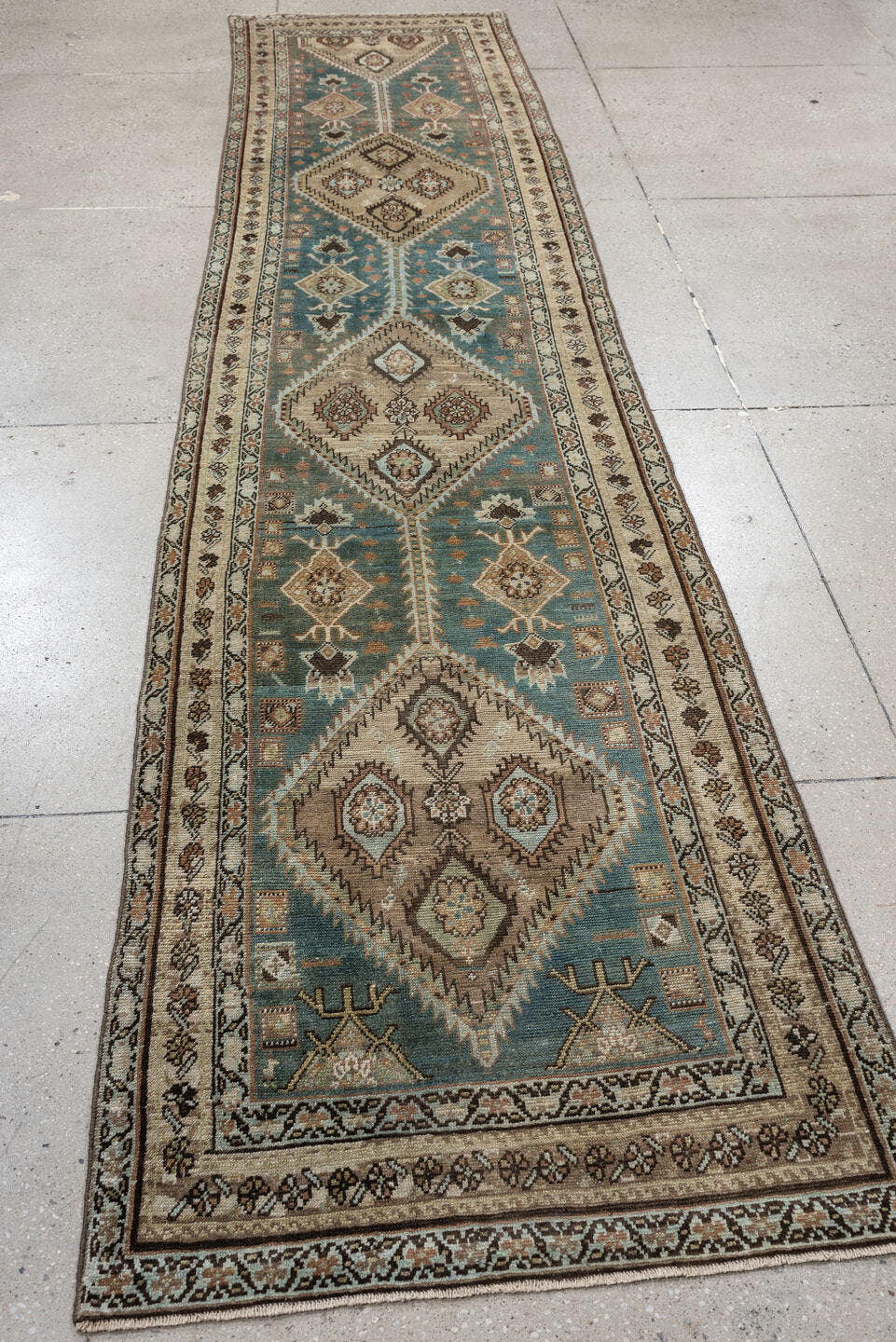 2' x 13' one-of-a-kind handmade antique Heriz runner rug. Color palette: ivory, teal, taupe, brown, rust, charcoal, camel