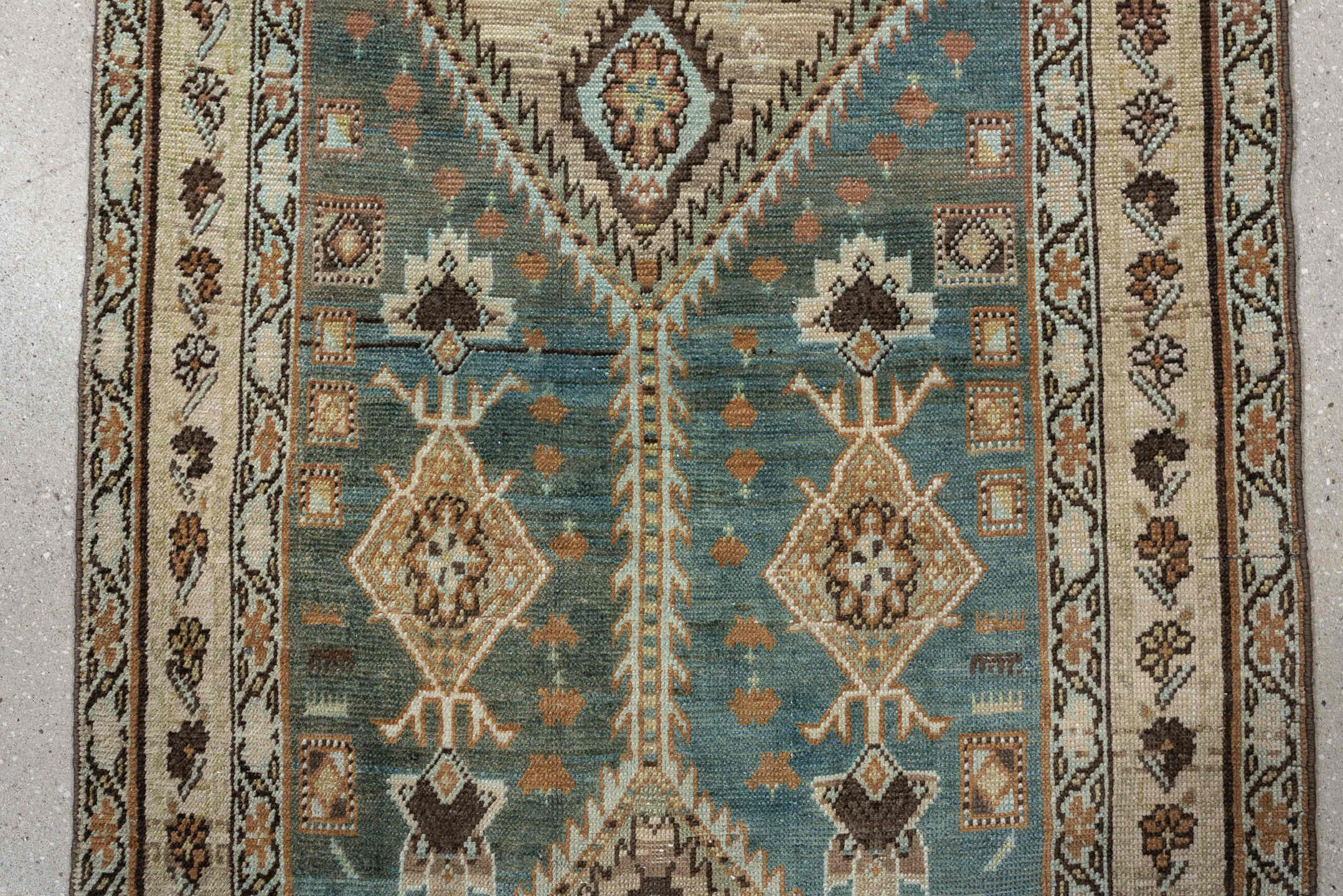 2' x 13' one-of-a-kind handmade antique Heriz runner rug. Color palette: ivory, teal, taupe, brown, rust, charcoal, camel