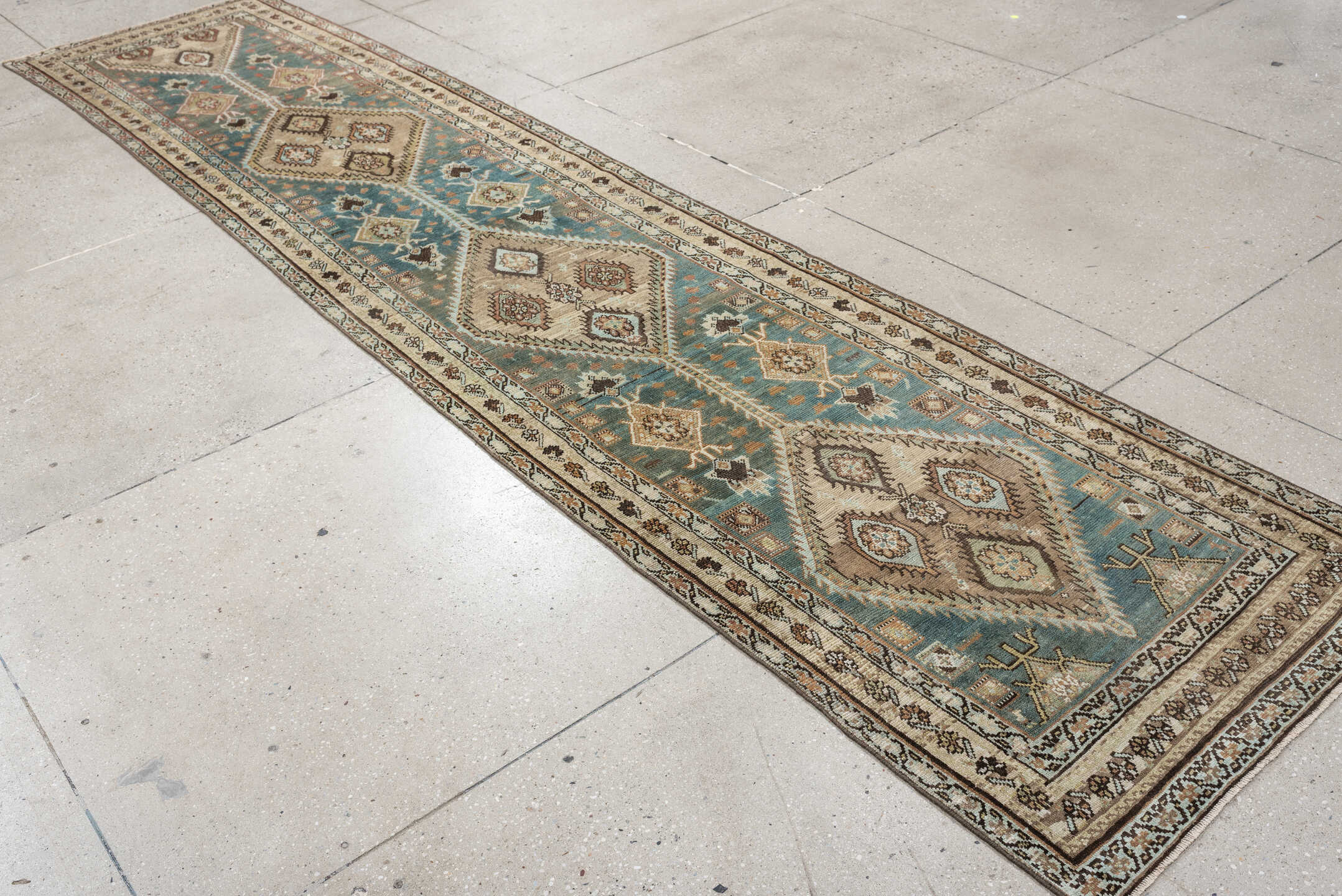 2' x 13' one-of-a-kind handmade antique Heriz runner rug. Color palette: ivory, teal, taupe, brown, rust, charcoal, camel