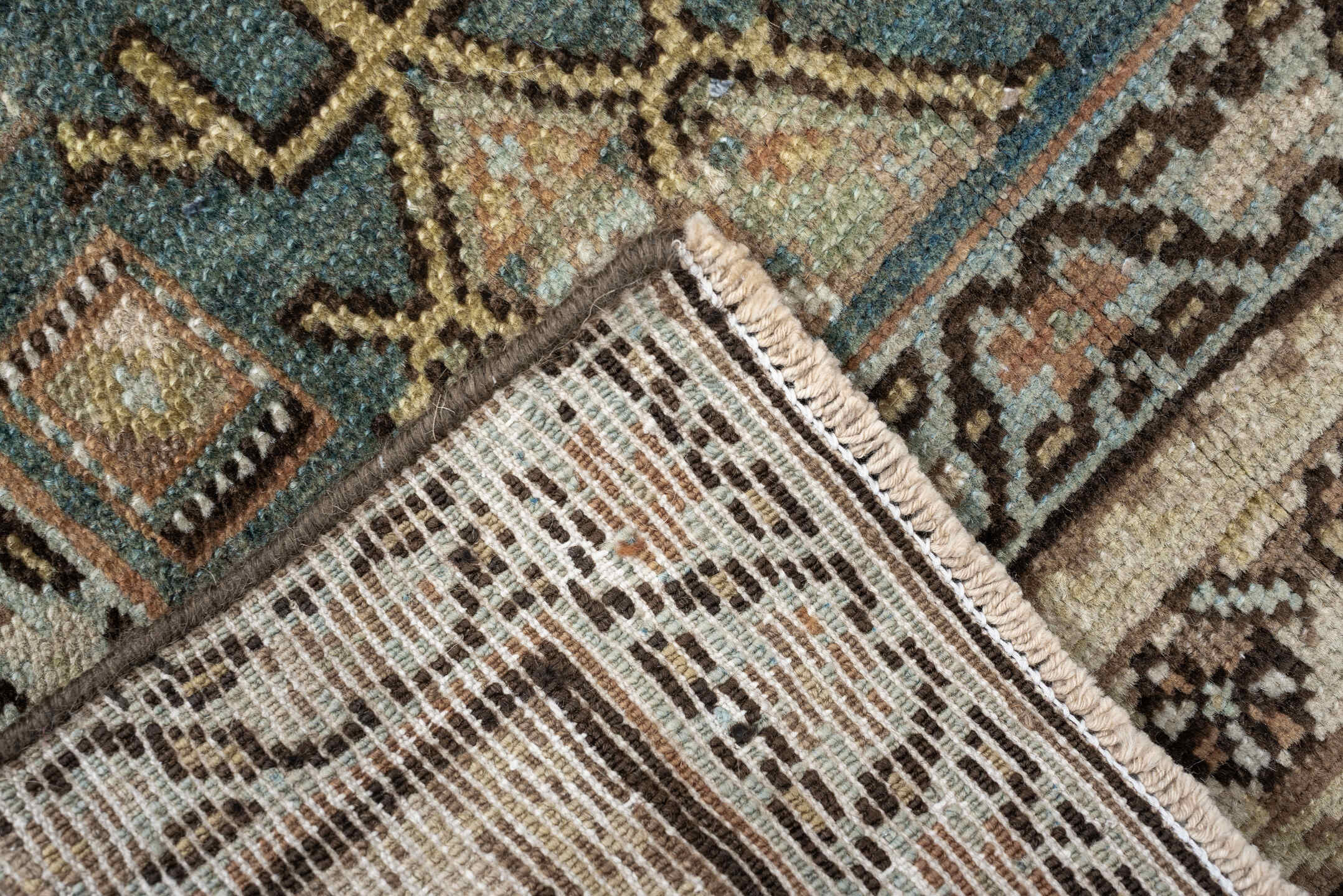 2' x 13' one-of-a-kind handmade antique Heriz runner rug. Color palette: ivory, teal, taupe, brown, rust, charcoal, camel
