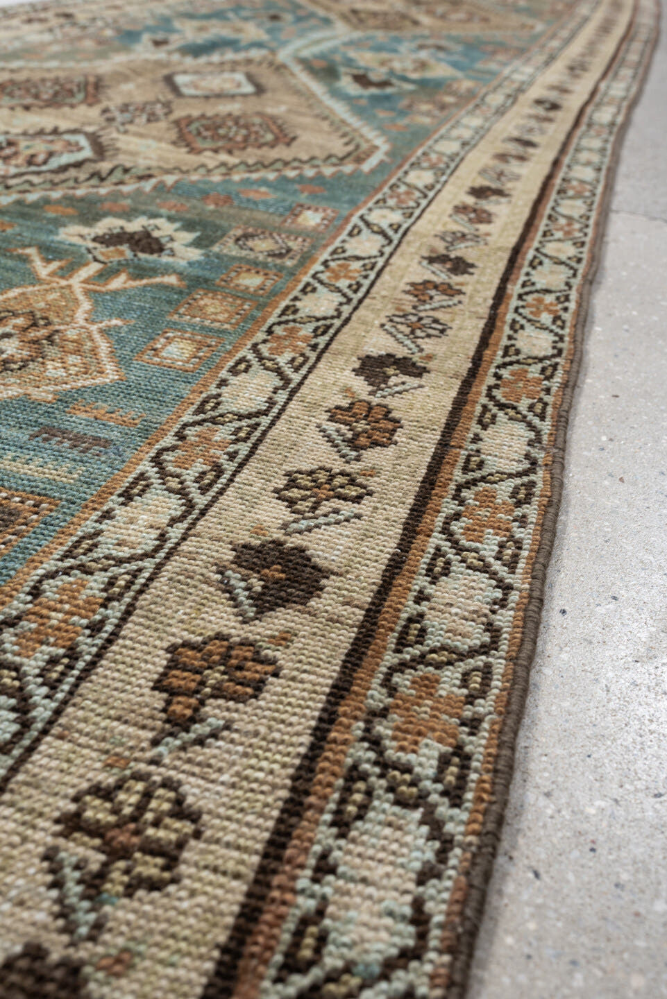2' x 13' one-of-a-kind handmade antique Heriz runner rug. Color palette: ivory, teal, taupe, brown, rust, charcoal, camel