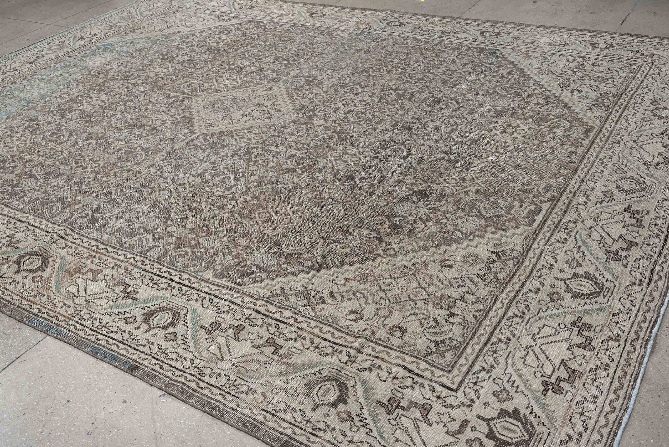 10' x 13' one-of-a-kind handmade antique Mahal large size rug. Color palette: taupe, ivory, light blue, beige, gray, camel