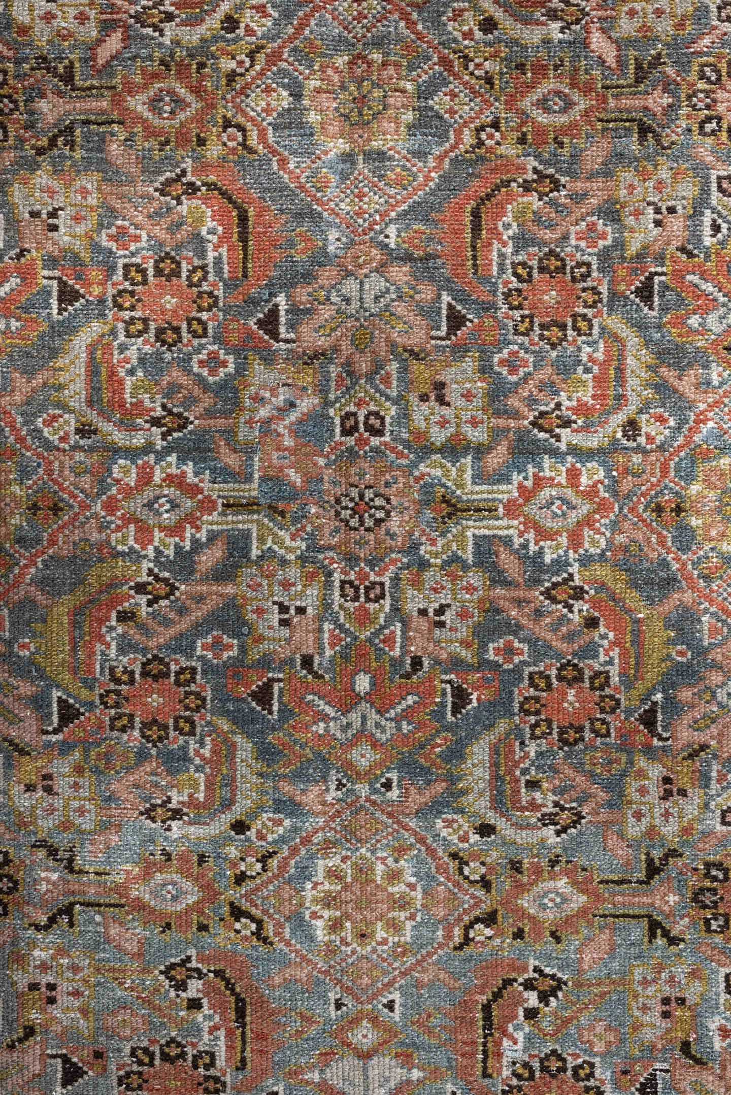 4' x 10' one-of-a-kind handmade antique Malayer runner rug. Color palette: blue, rust, ivory, taupe, sage, camel, charcoal
