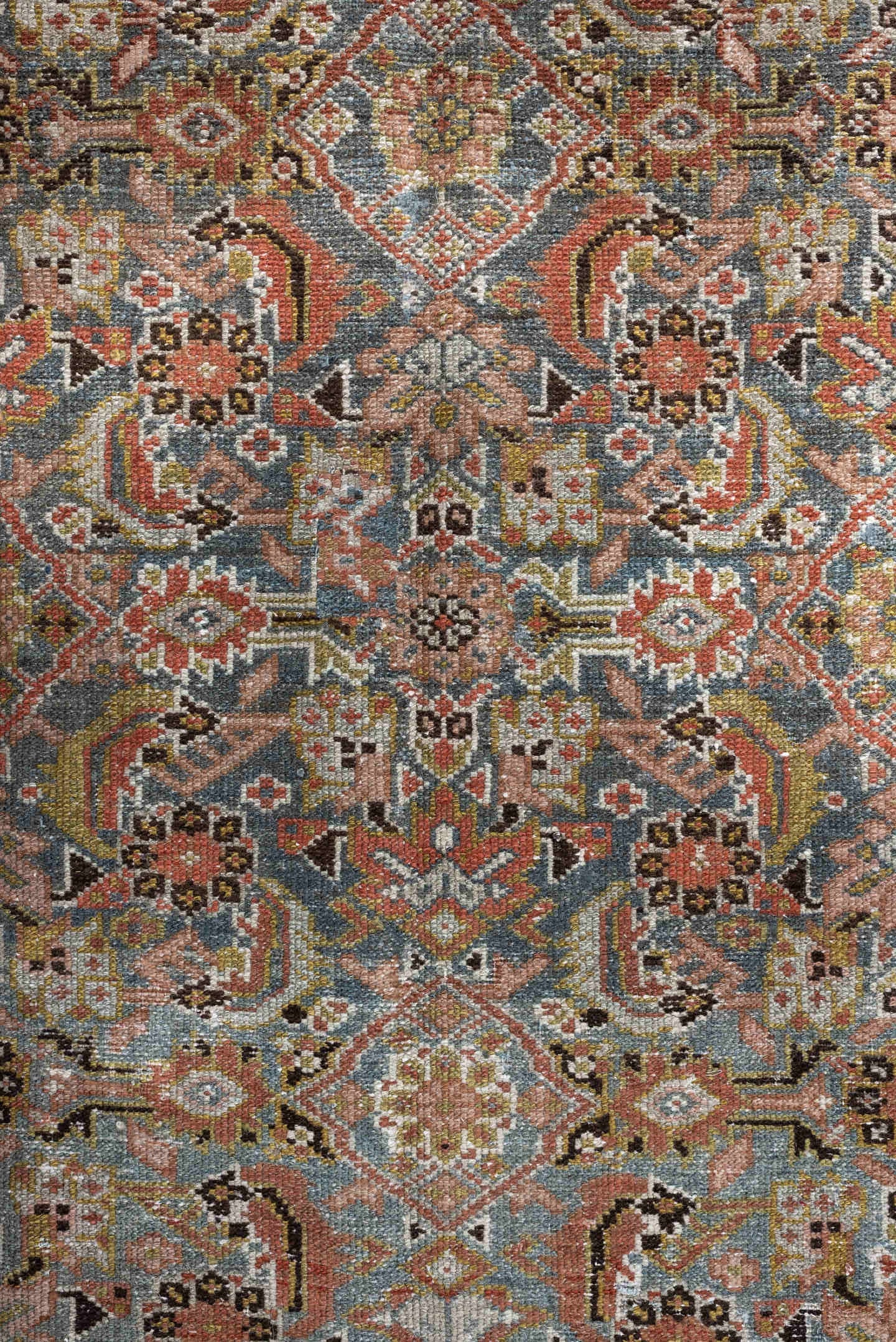 4' x 10' one-of-a-kind handmade antique Malayer runner rug. Color palette: blue, rust, ivory, taupe, sage, camel, charcoal