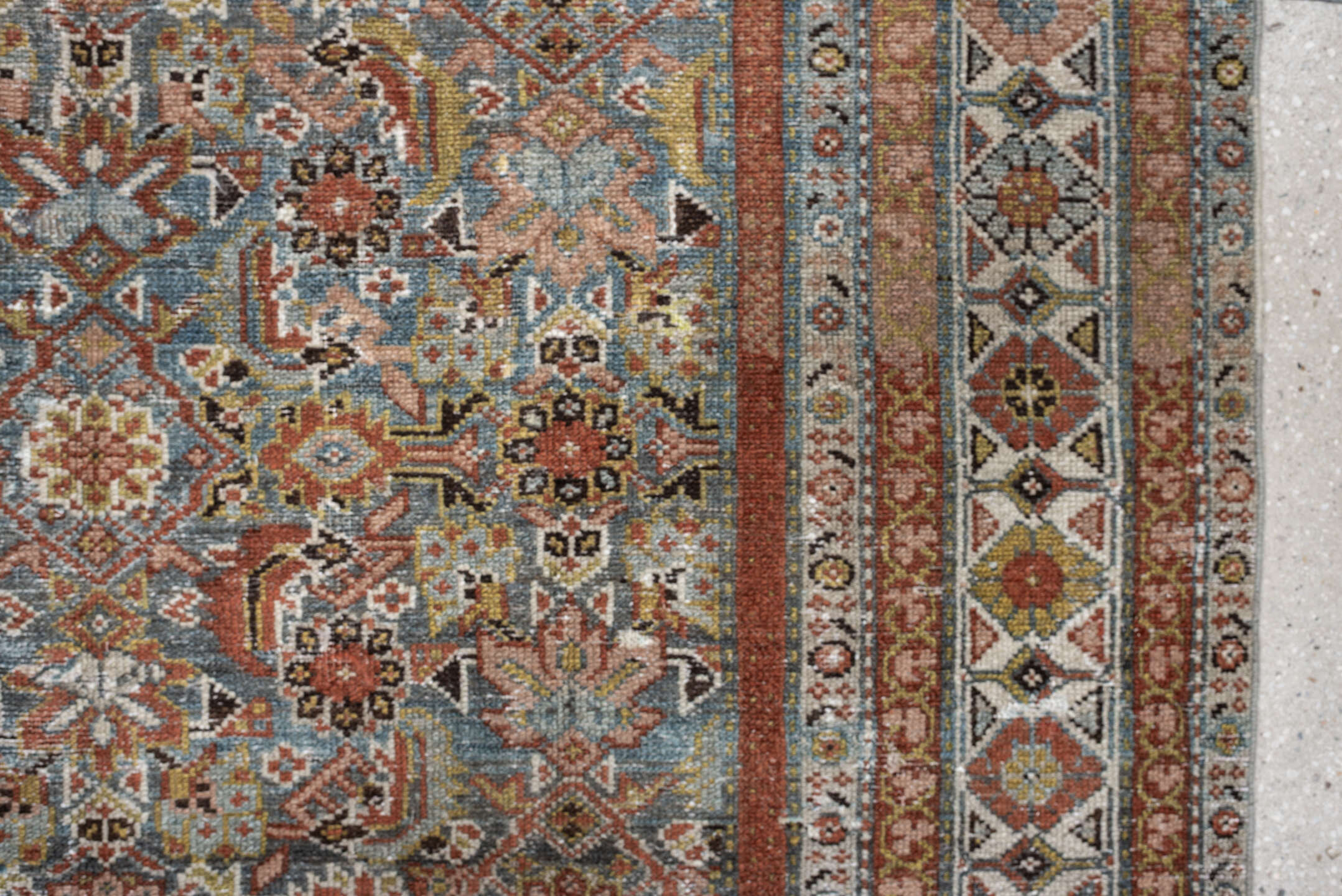 4' x 10' one-of-a-kind handmade antique Malayer runner rug. Color palette: blue, rust, ivory, taupe, sage, camel, charcoal