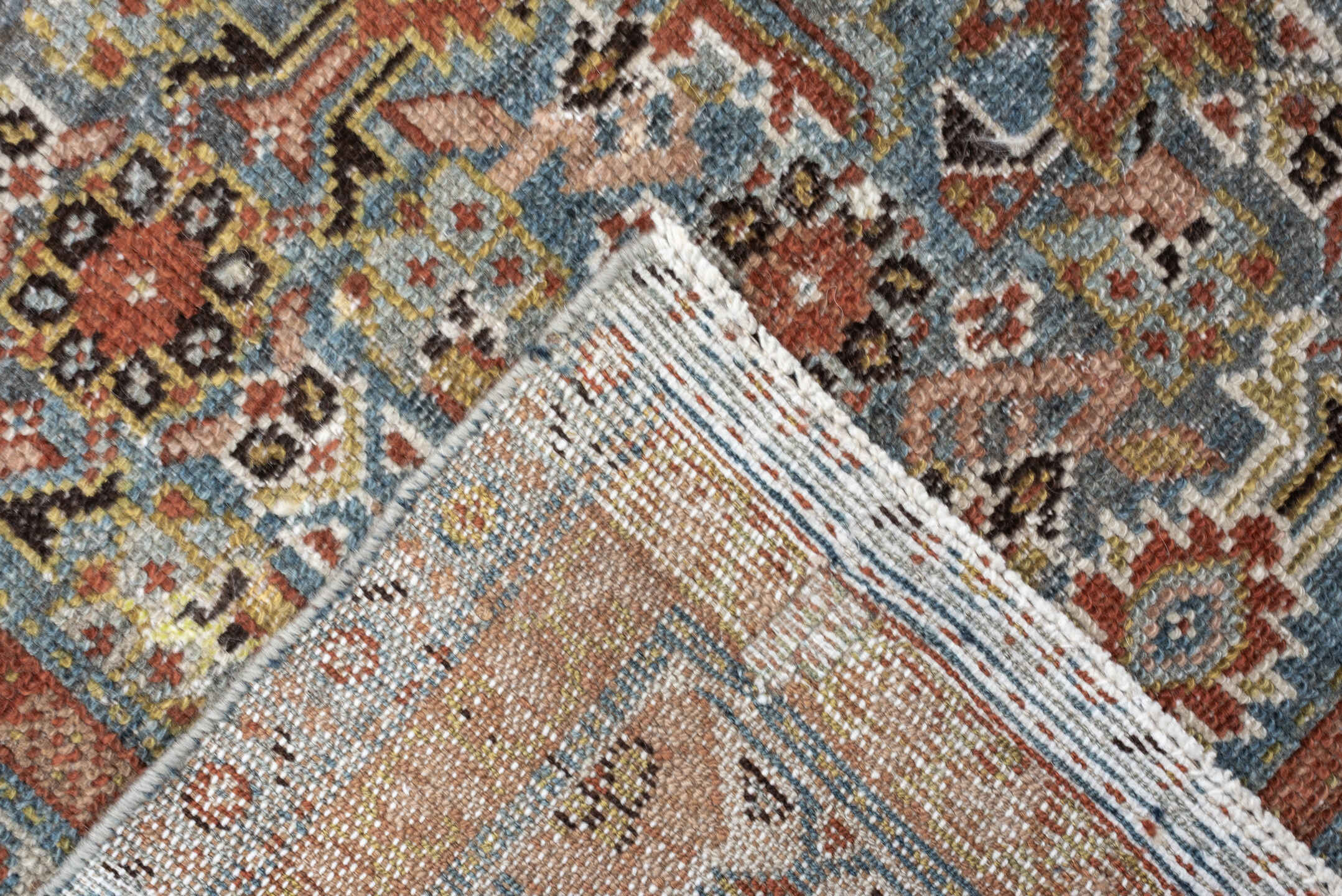 4' x 10' one-of-a-kind handmade antique Malayer runner rug. Color palette: blue, rust, ivory, taupe, sage, camel, charcoal