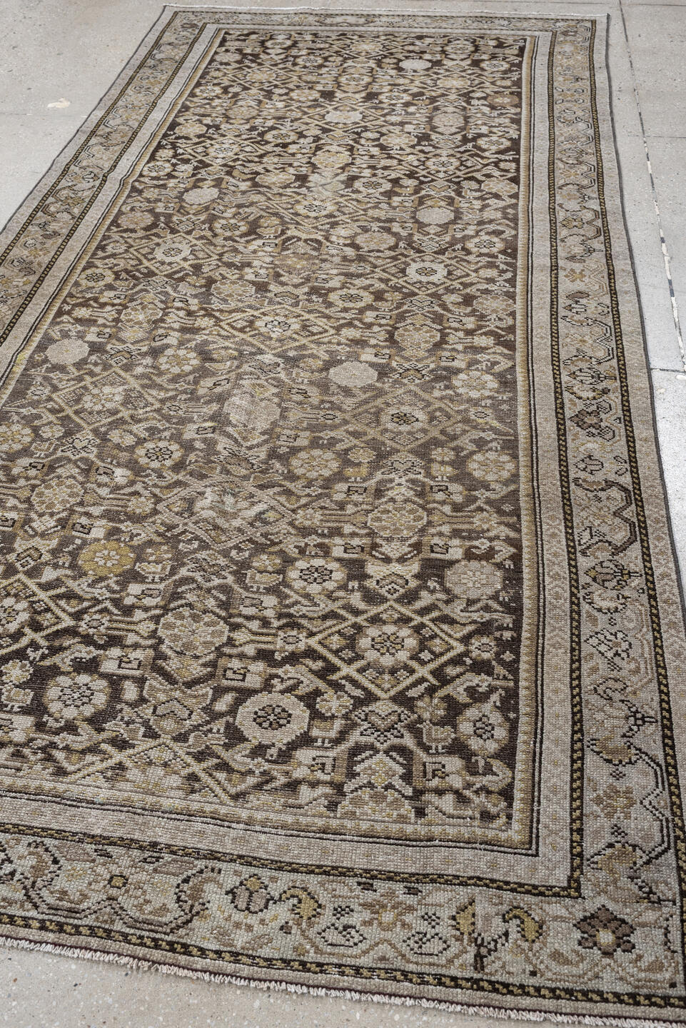 4' x 9' one-of-a-kind handmade antique Malayer runner rug. Color palette: taupe, ivory, brown, camel, gold, beige, gray