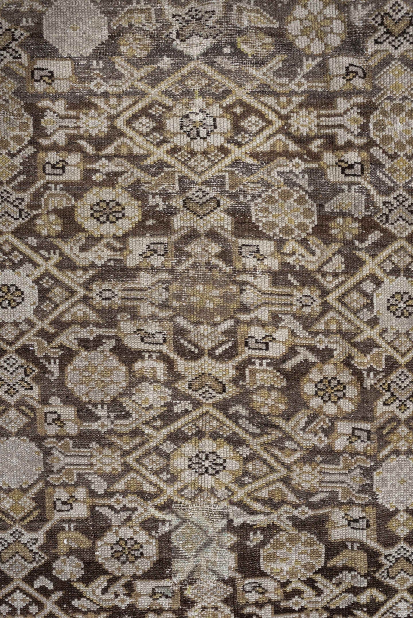 4' x 9' one-of-a-kind handmade antique Malayer runner rug. Color palette: taupe, ivory, brown, camel, gold, beige, gray