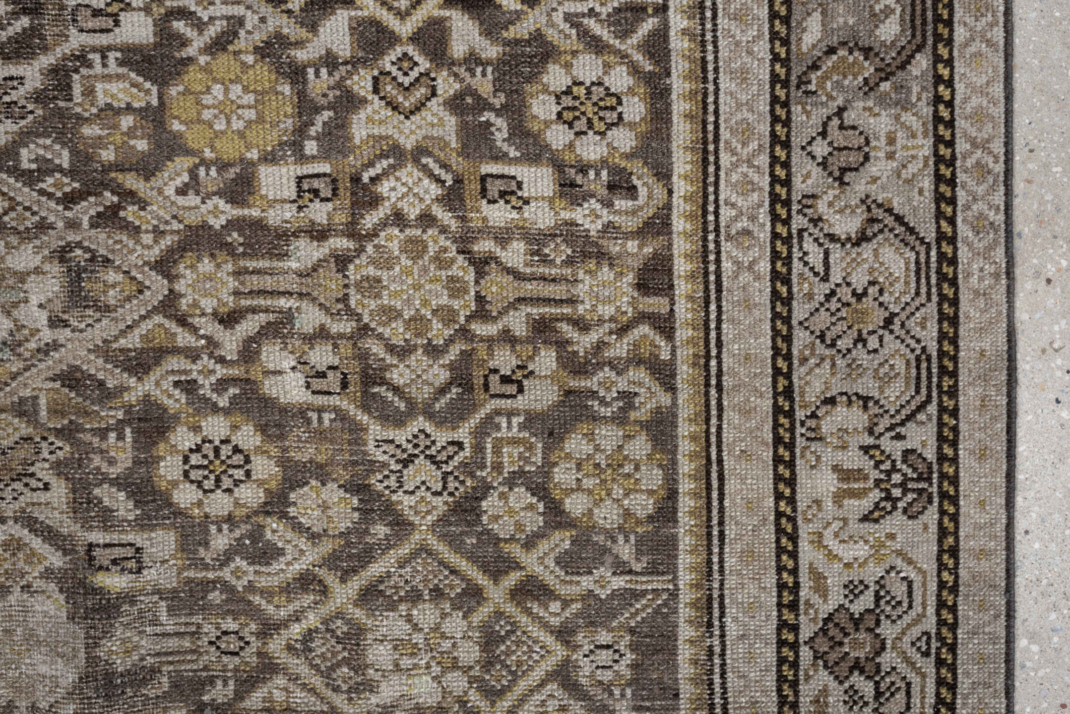 4' x 9' one-of-a-kind handmade antique Malayer runner rug. Color palette: taupe, ivory, brown, camel, gold, beige, gray