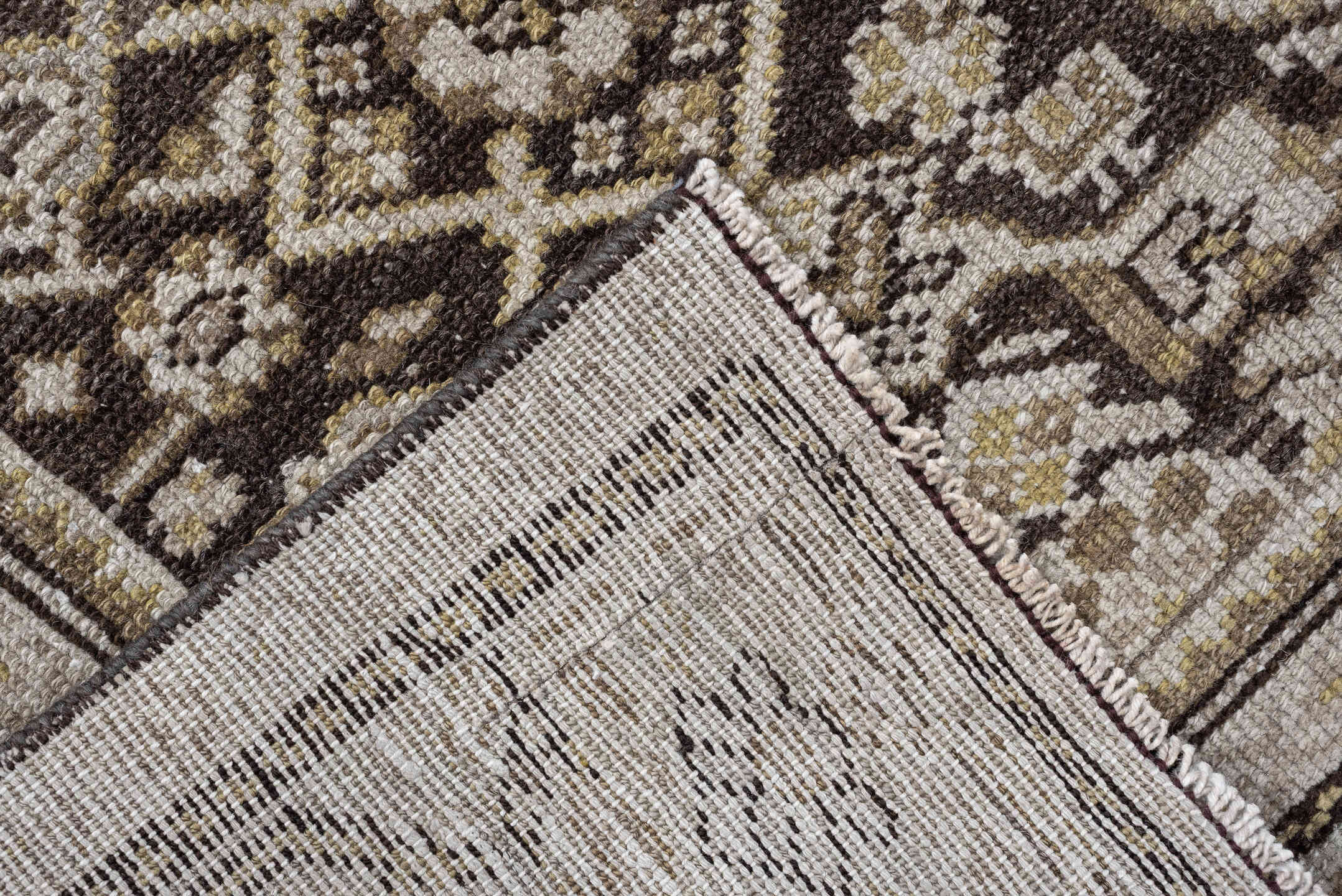4' x 9' one-of-a-kind handmade antique Malayer runner rug. Color palette: taupe, ivory, brown, camel, gold, beige, gray