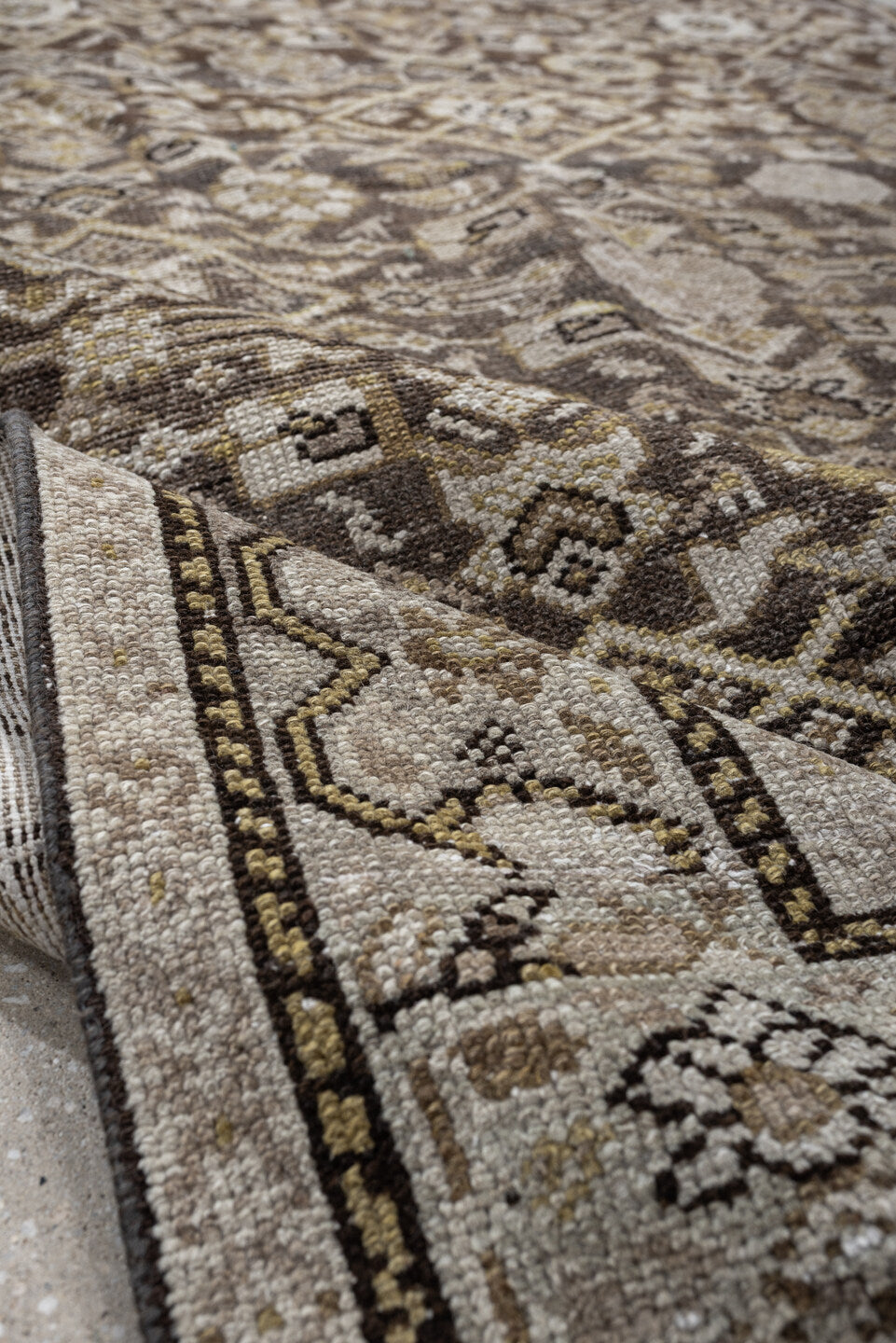 4' x 9' one-of-a-kind handmade antique Malayer runner rug. Color palette: taupe, ivory, brown, camel, gold, beige, gray