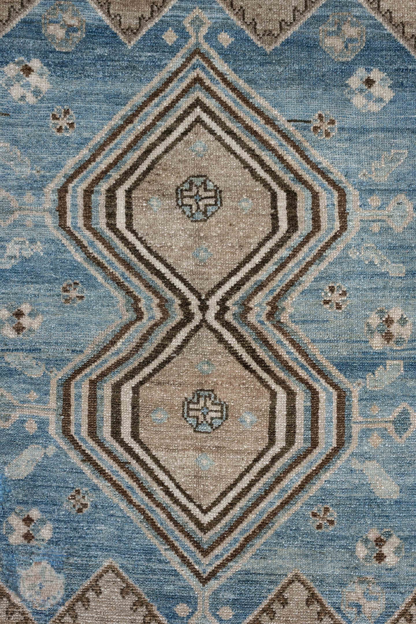 3' x 12' one-of-a-kind handmade antique Hamadan runner rug. Color palette: ivory, sky blue, taupe, brown, camel, light blue