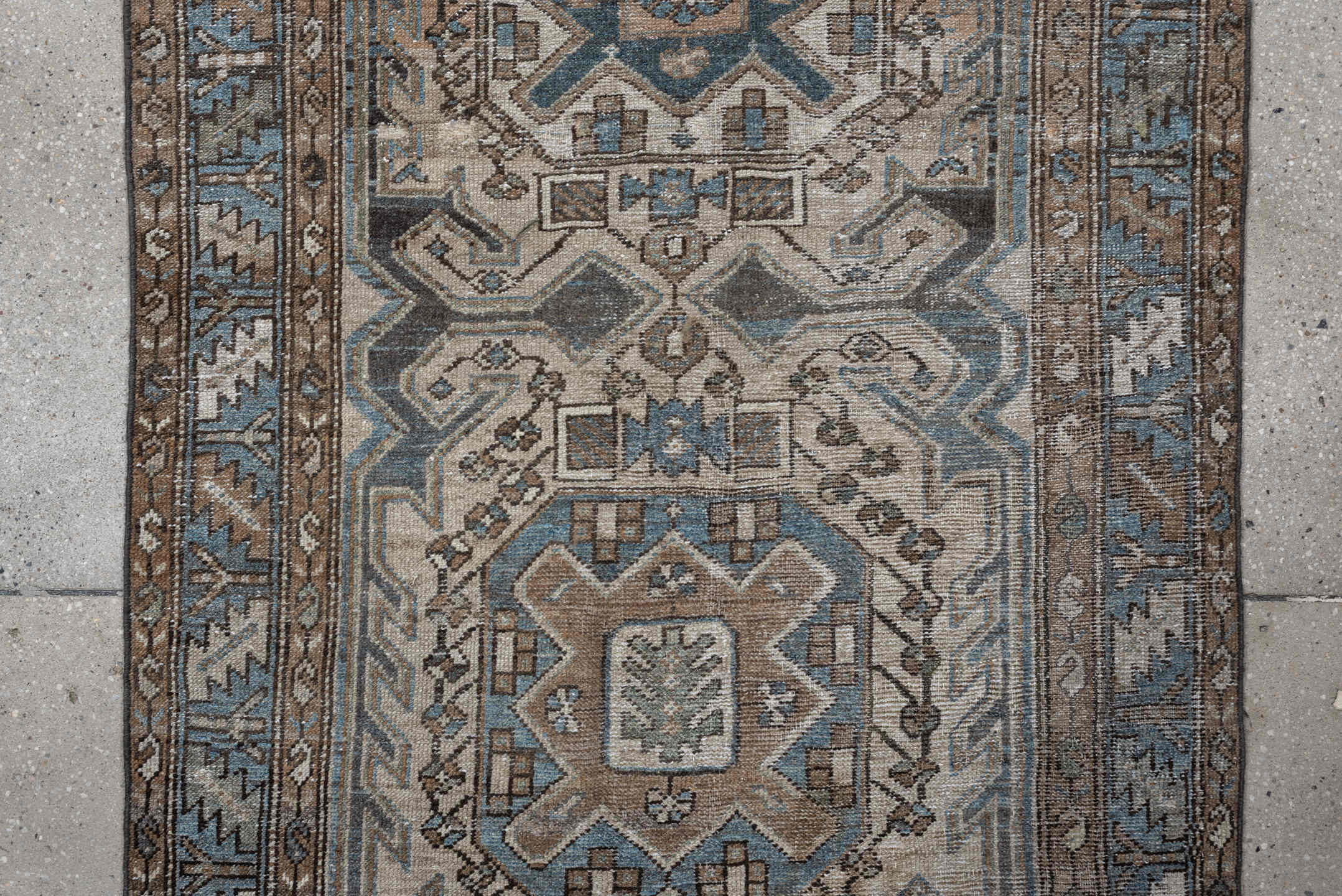 3' x 10' one-of-a-kind handmade antique Hamadan runner rug. Color palette: sky blue, taupe, ivory, charcoal, camel, slate