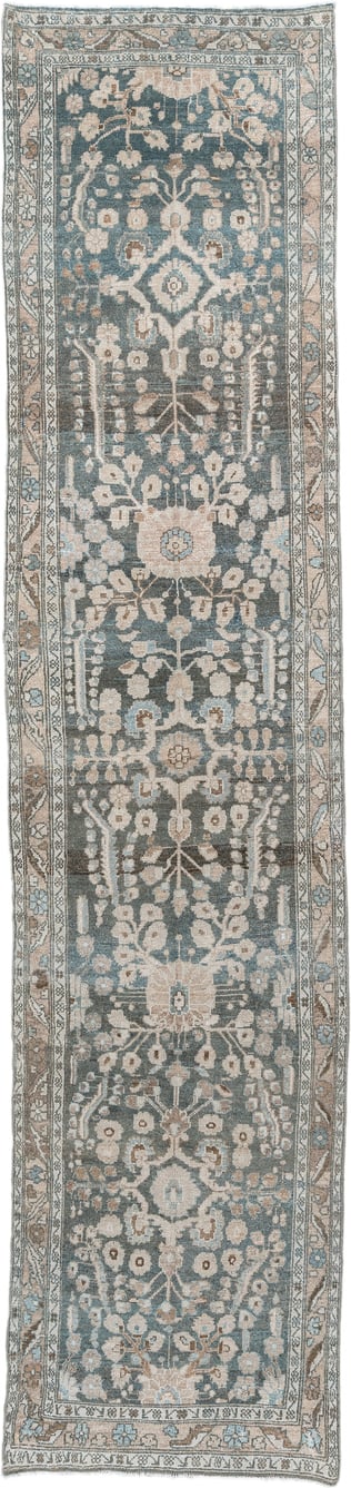 3' x 13' one-of-a-kind handmade antique Hamadan runner rug. Color palette: blue, ivory, taupe, brown, beige, sage, gray