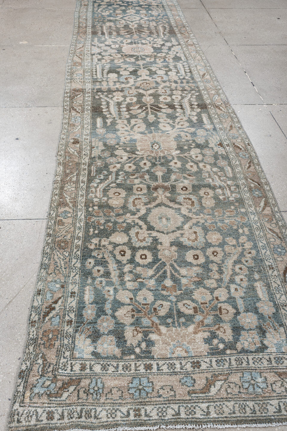 3' x 13' one-of-a-kind handmade antique Hamadan runner rug. Color palette: blue, ivory, taupe, brown, beige, sage, gray