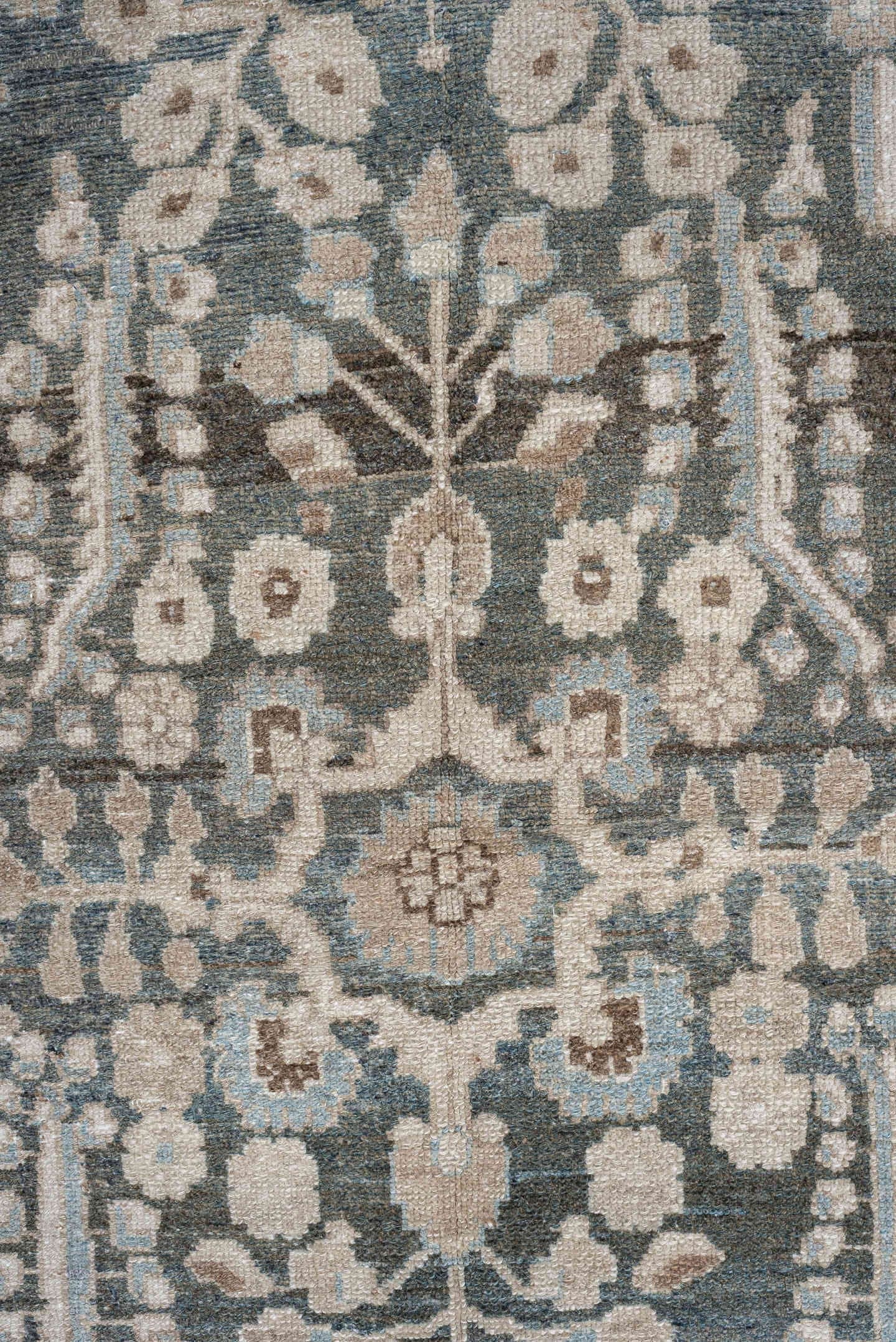 3' x 13' one-of-a-kind handmade antique Hamadan runner rug. Color palette: blue, ivory, taupe, brown, beige, sage, gray