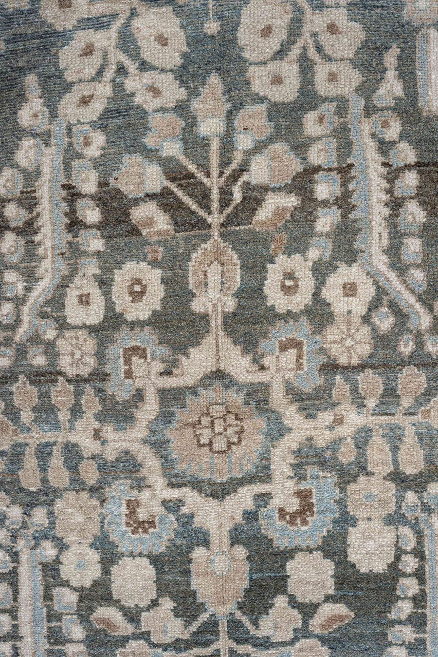 3' x 13' one-of-a-kind handmade antique Hamadan runner rug. Color palette: blue, ivory, taupe, brown, beige, sage, gray