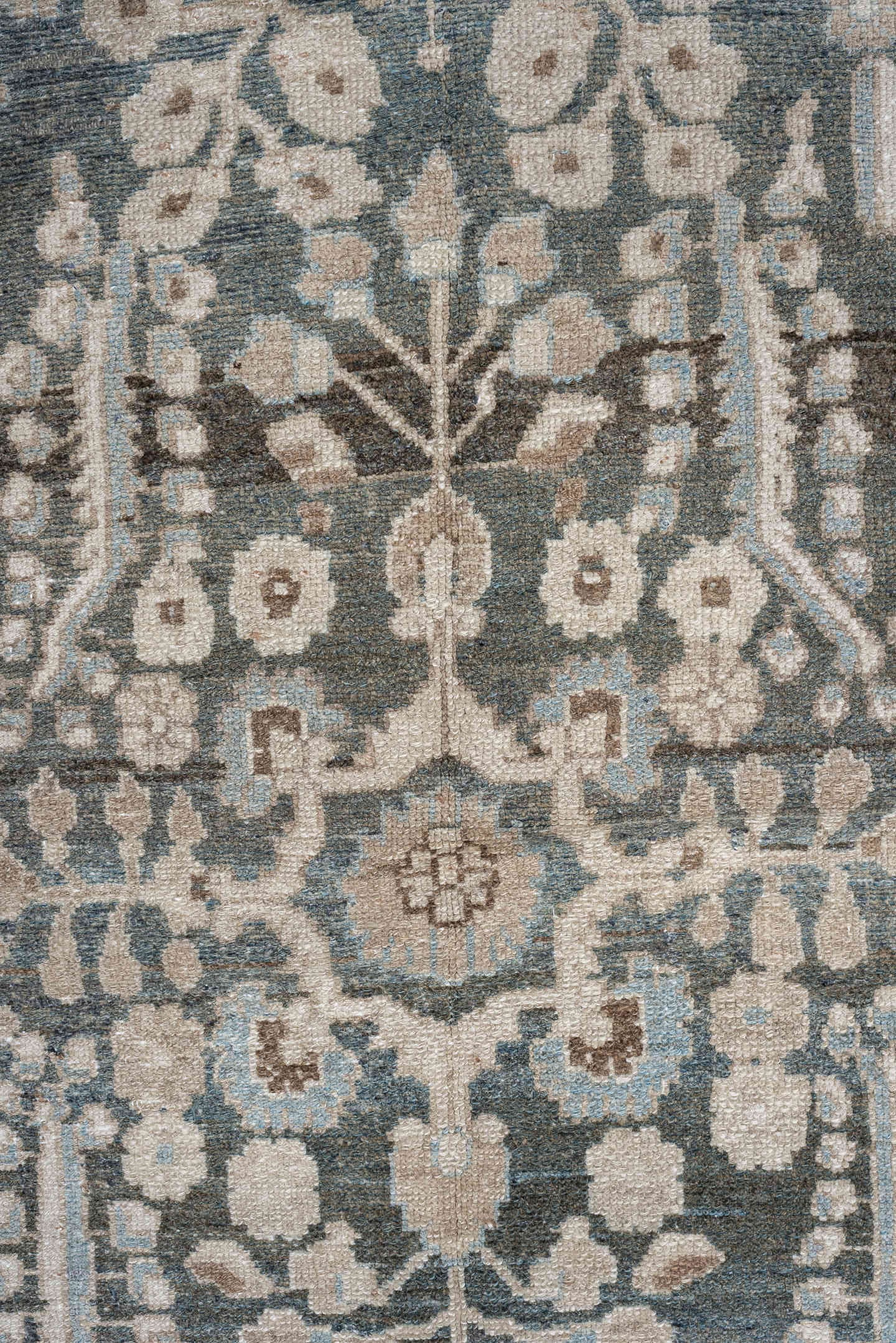 3' x 13' one-of-a-kind handmade antique Hamadan runner rug. Color palette: blue, ivory, taupe, brown, beige, sage, gray