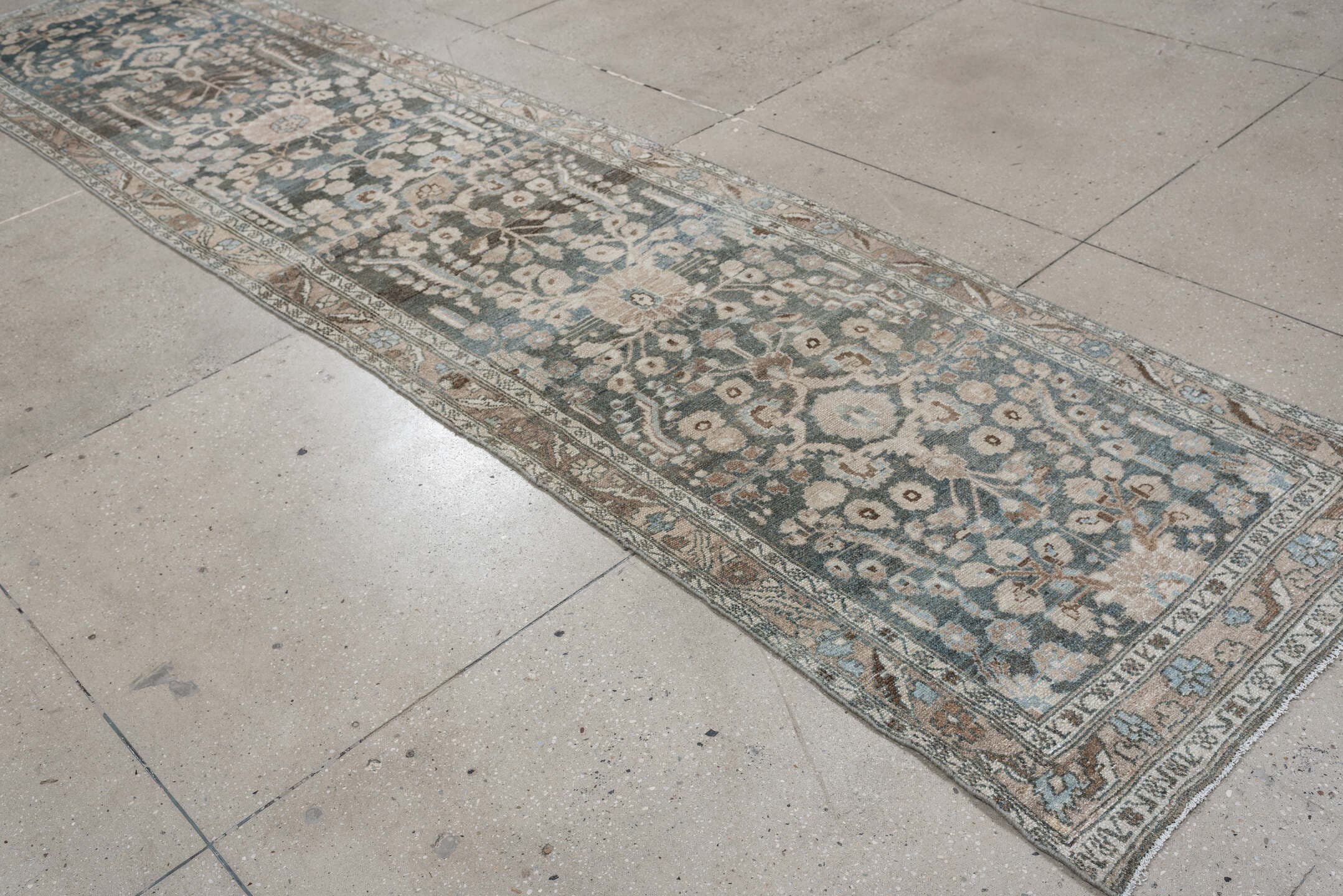 3' x 13' one-of-a-kind handmade antique Hamadan runner rug. Color palette: blue, ivory, taupe, brown, beige, sage, gray