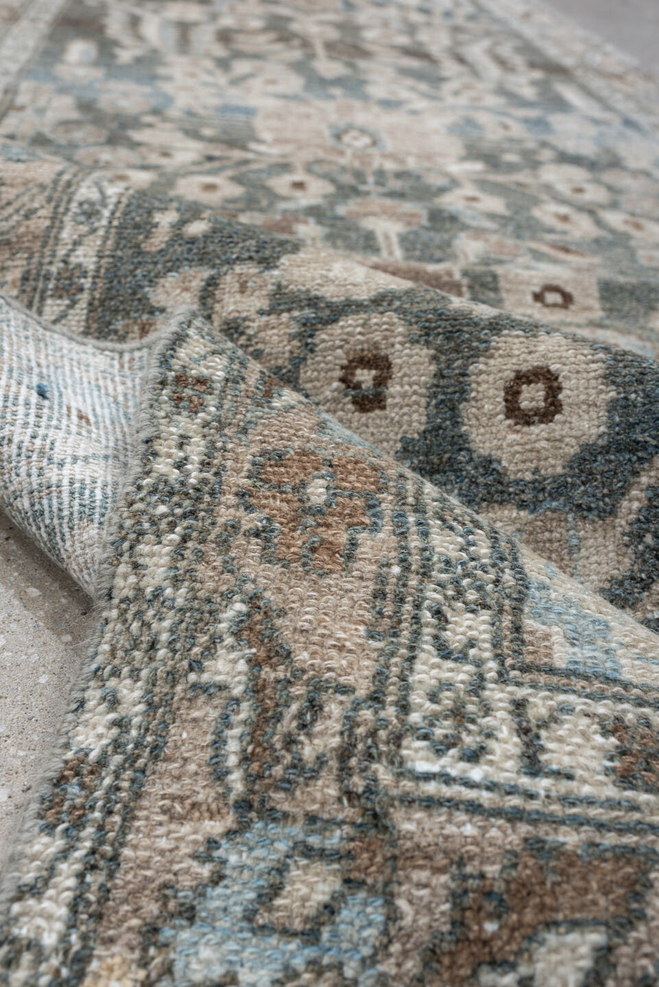 3' x 13' one-of-a-kind handmade antique Hamadan runner rug. Color palette: blue, ivory, taupe, brown, beige, sage, gray