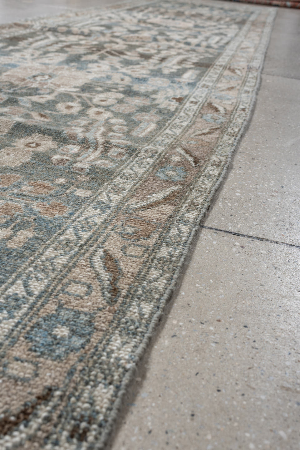3' x 13' one-of-a-kind handmade antique Hamadan runner rug. Color palette: blue, ivory, taupe, brown, beige, sage, gray
