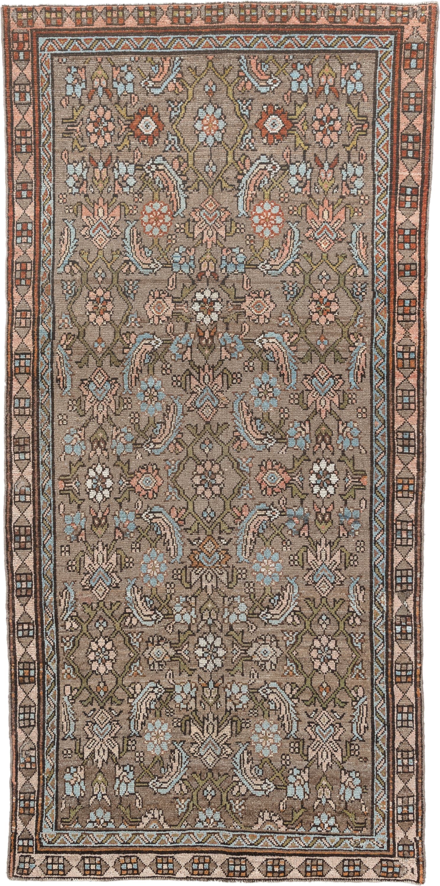 4' x 8' one-of-a-kind handmade antique Malayer runner rug. Color palette: taupe, ivory, sky blue, olive, rust, brown, peach