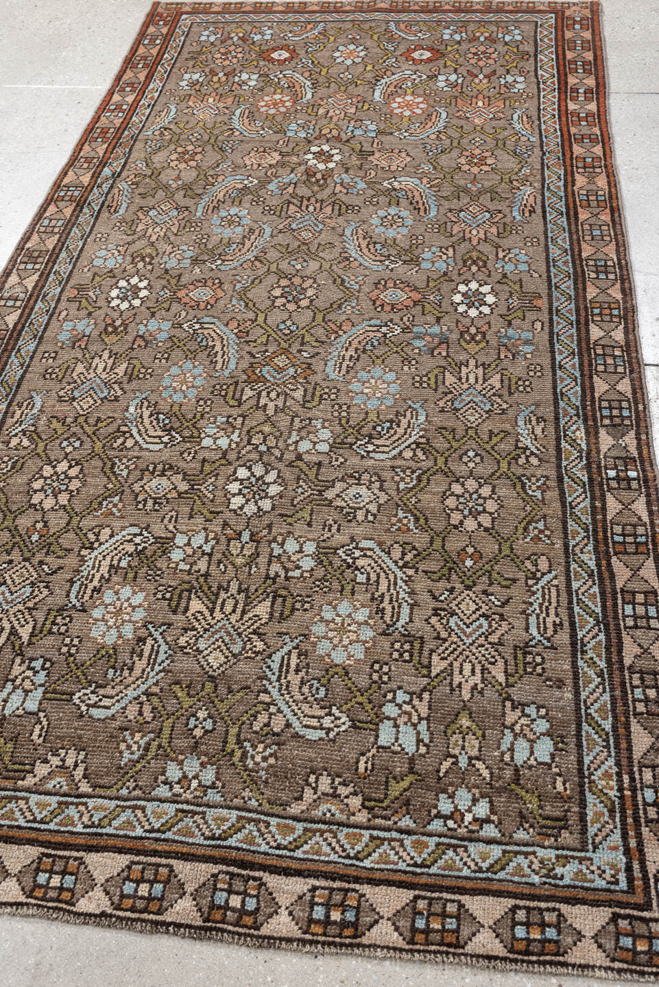 4' x 8' one-of-a-kind handmade antique Malayer runner rug. Color palette: taupe, ivory, sky blue, olive, rust, brown, peach
