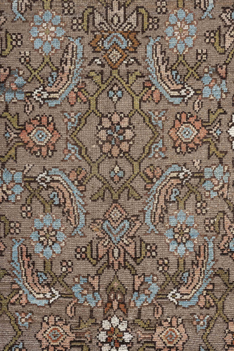 4' x 8' one-of-a-kind handmade antique Malayer runner rug. Color palette: taupe, ivory, sky blue, olive, rust, brown, peach