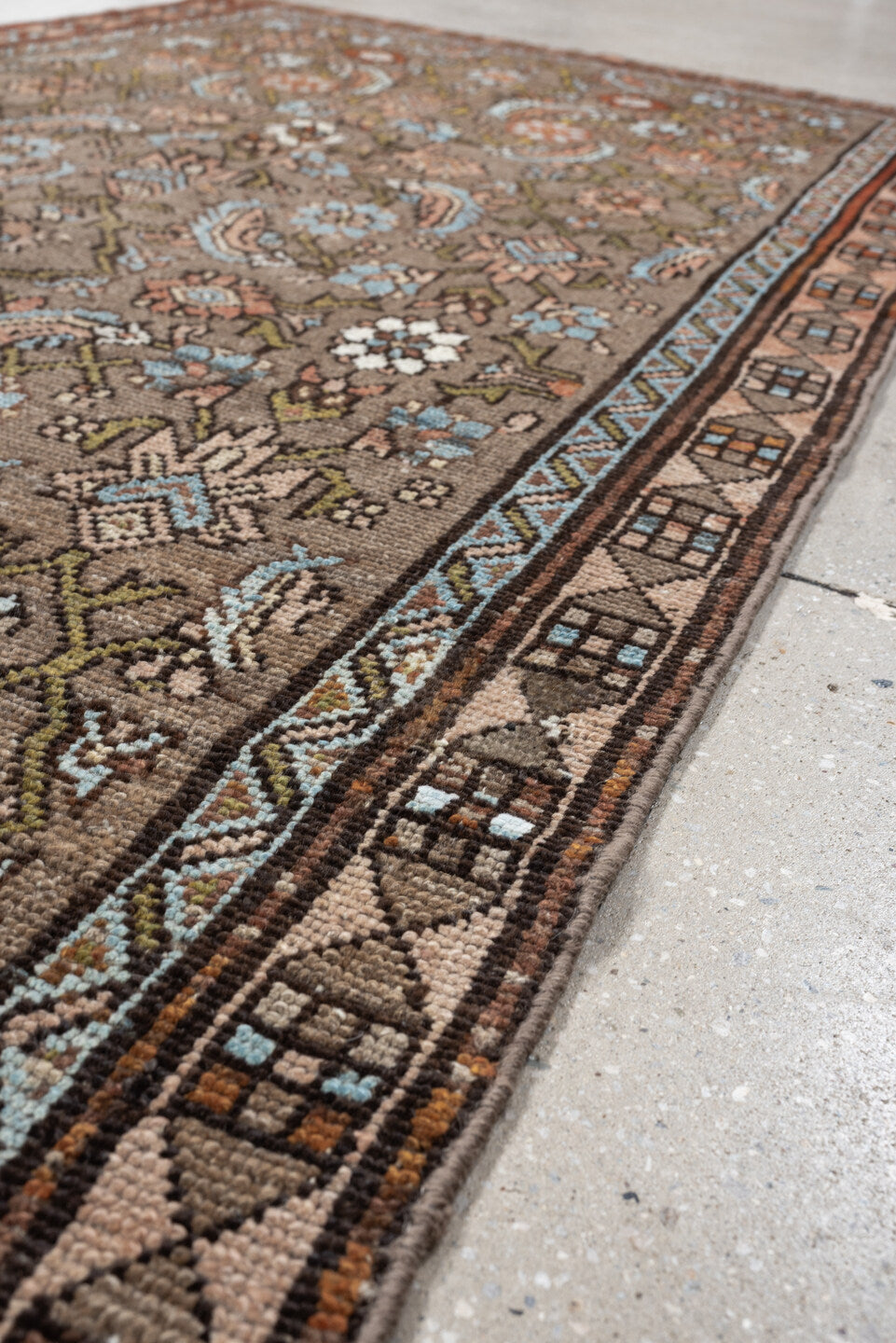 4' x 8' one-of-a-kind handmade antique Malayer runner rug. Color palette: taupe, ivory, sky blue, olive, rust, brown, peach