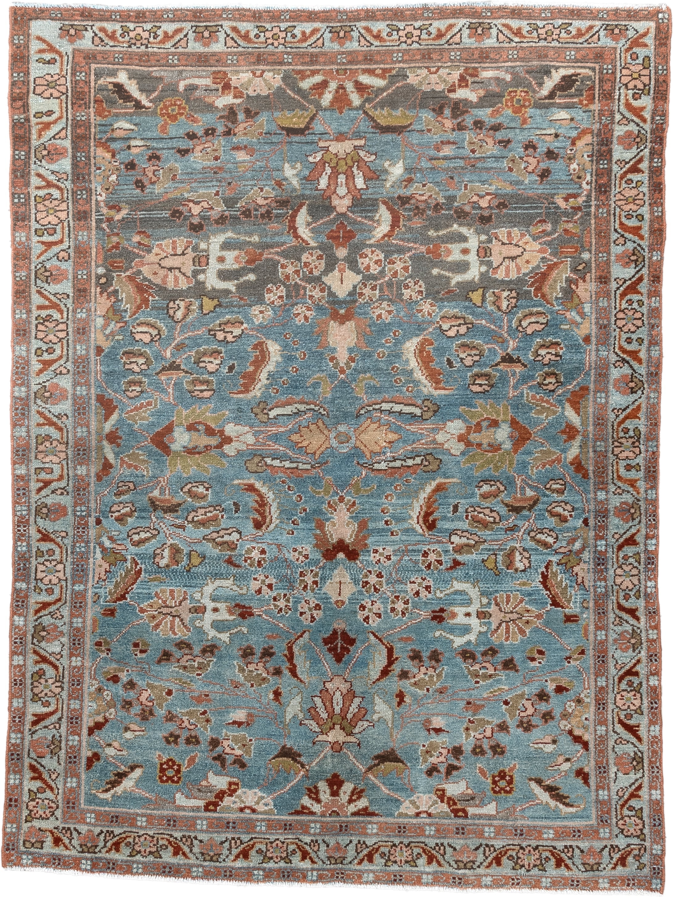 3' x 5' one-of-a-kind handmade antique Lilian small size rug. Color palette: sky blue, rust, ivory, taupe, olive, brown
