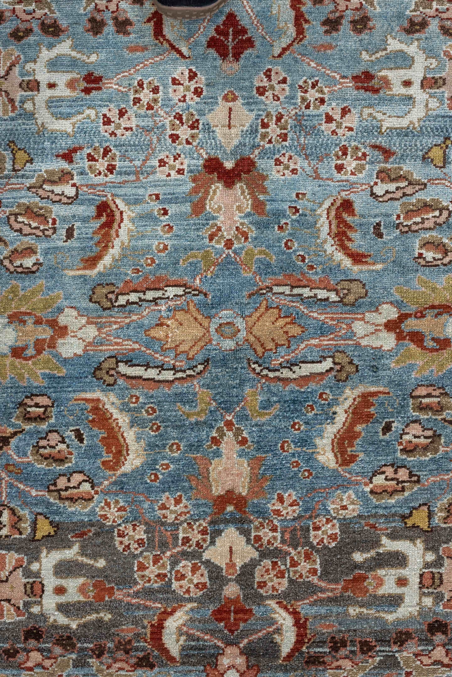 3' x 5' one-of-a-kind handmade antique Lilian small size rug. Color palette: sky blue, rust, ivory, taupe, olive, brown