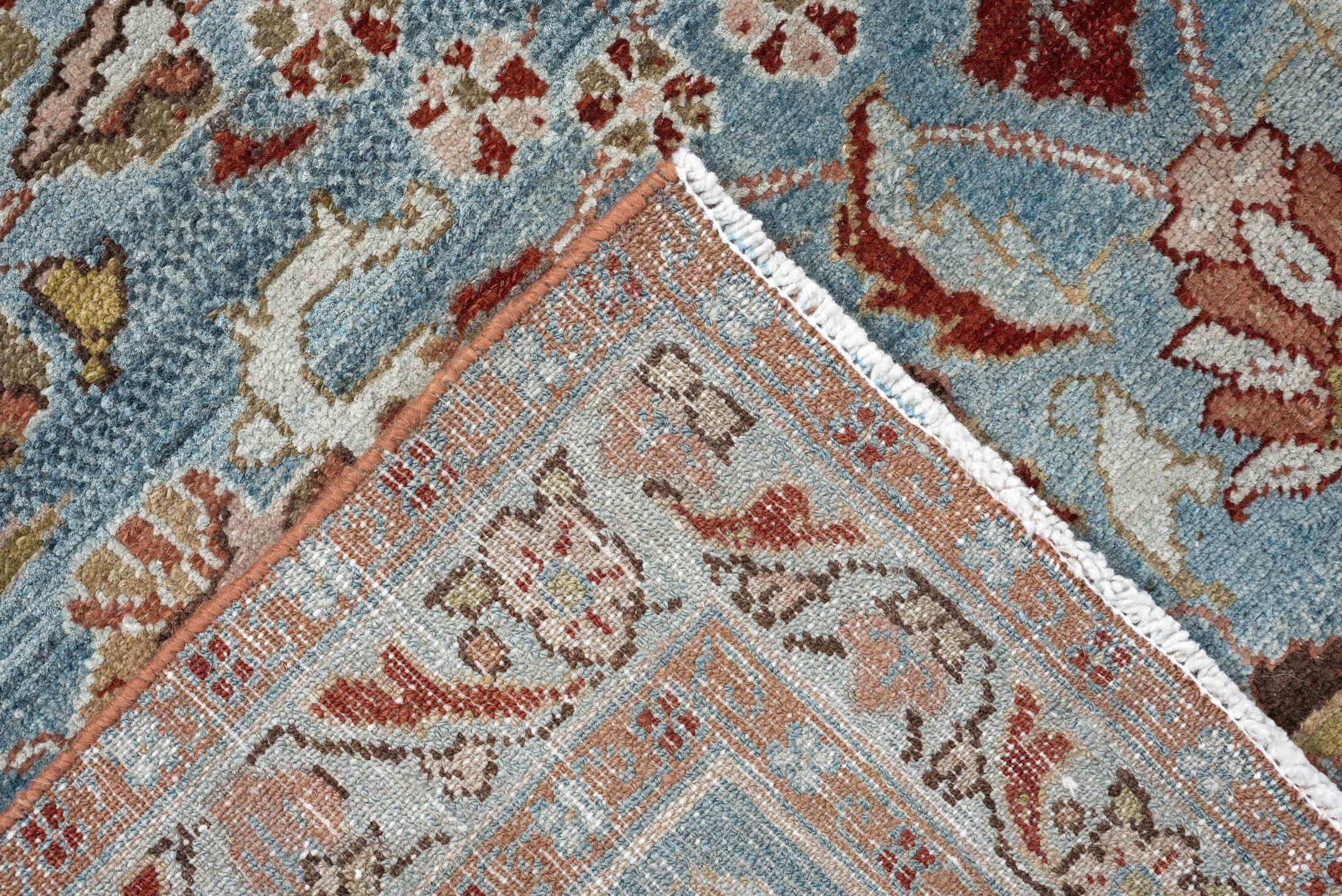 3' x 5' one-of-a-kind handmade antique Lilian small size rug. Color palette: sky blue, rust, ivory, taupe, olive, brown