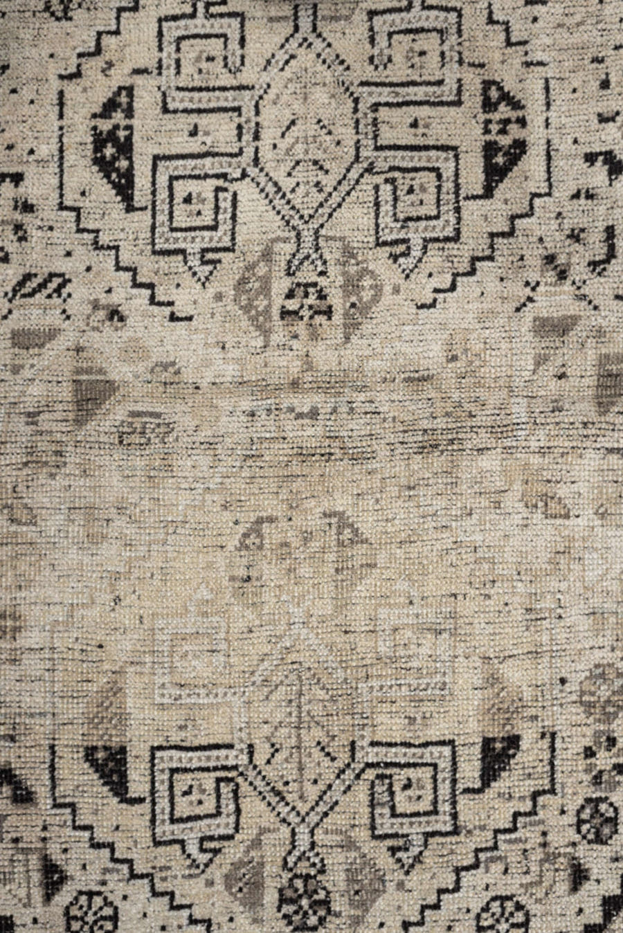 3' x 5' one-of-a-kind handmade antique Shiraz small size rug. Color palette: ivory, charcoal, taupe, gray, cream, black