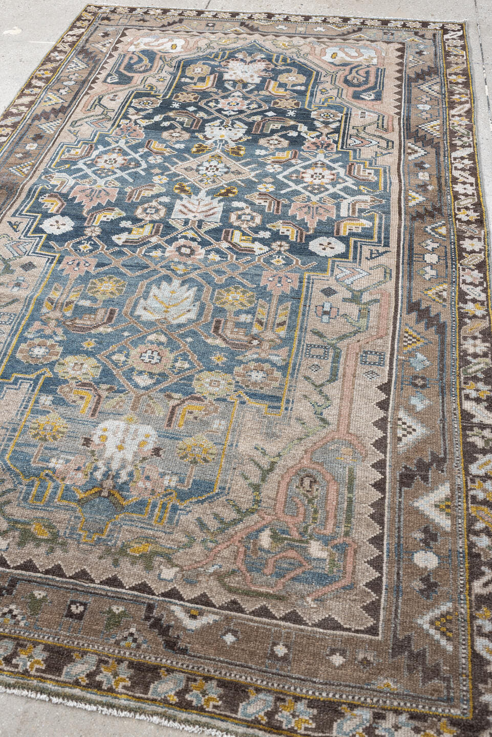 4' x 7' one-of-a-kind handmade antique Malayer rug. Color palette: blue, taupe, ivory, brown, blush, sage, gold, charcoal