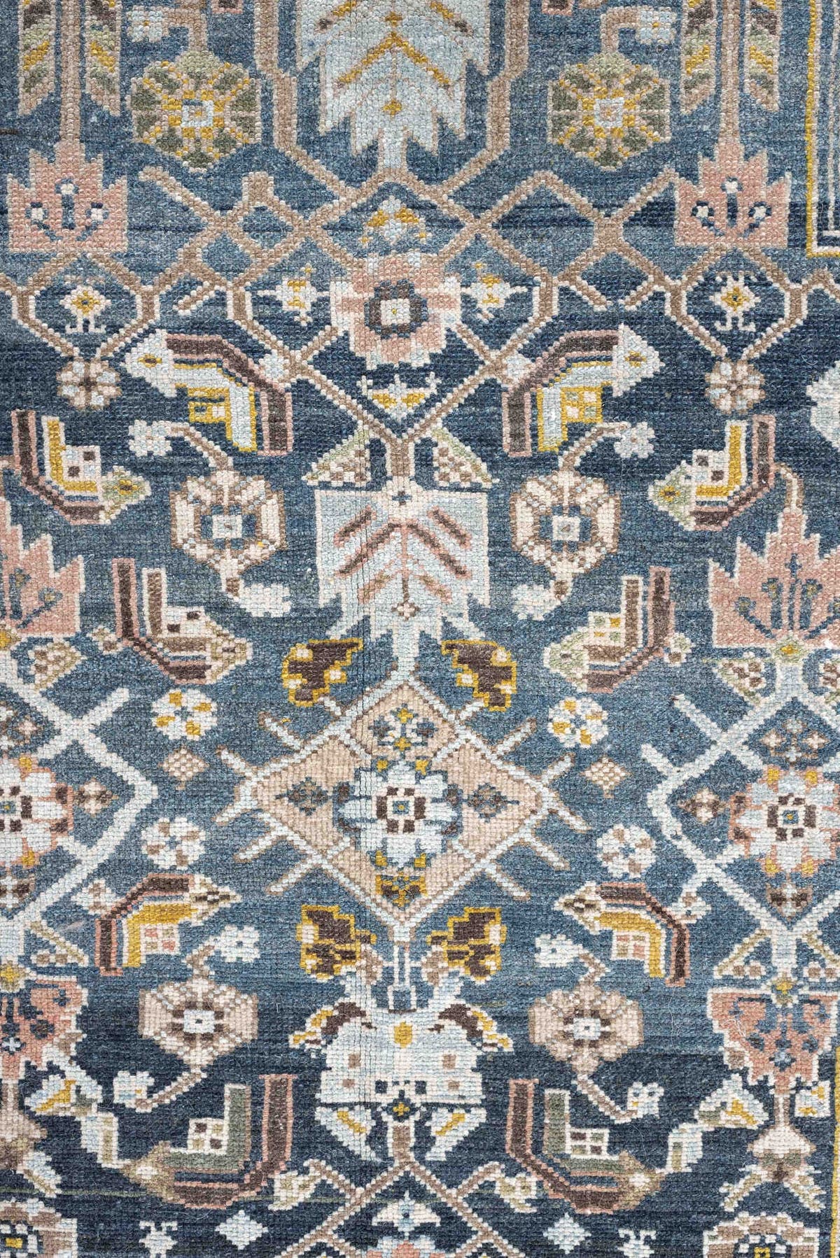 4' x 7' one-of-a-kind handmade antique Malayer rug. Color palette: blue, taupe, ivory, brown, blush, sage, gold, charcoal