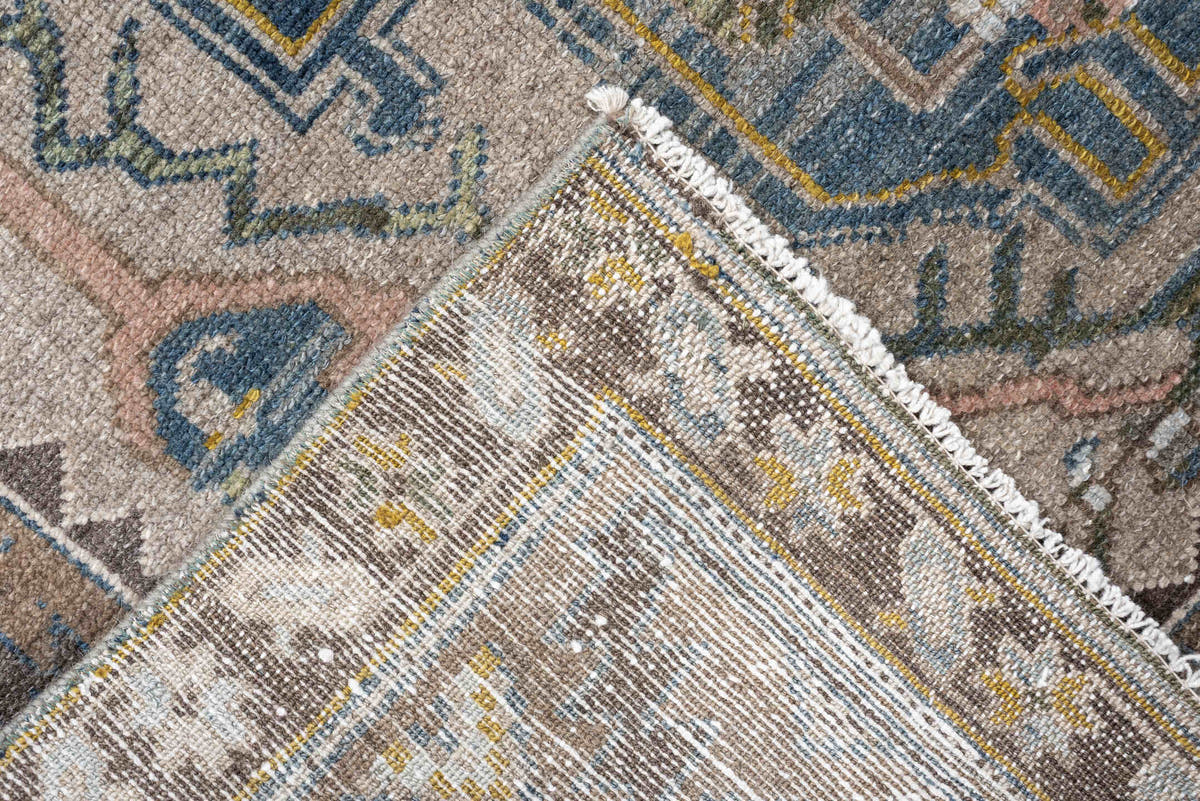 4' x 7' one-of-a-kind handmade antique Malayer rug. Color palette: blue, taupe, ivory, brown, blush, sage, gold, charcoal