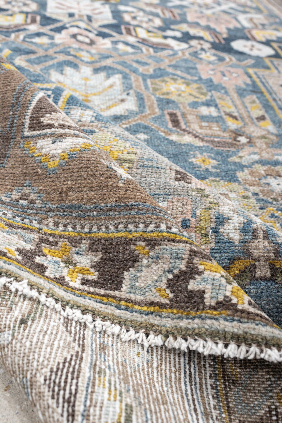 4' x 7' one-of-a-kind handmade antique Malayer rug. Color palette: blue, taupe, ivory, brown, blush, sage, gold, charcoal