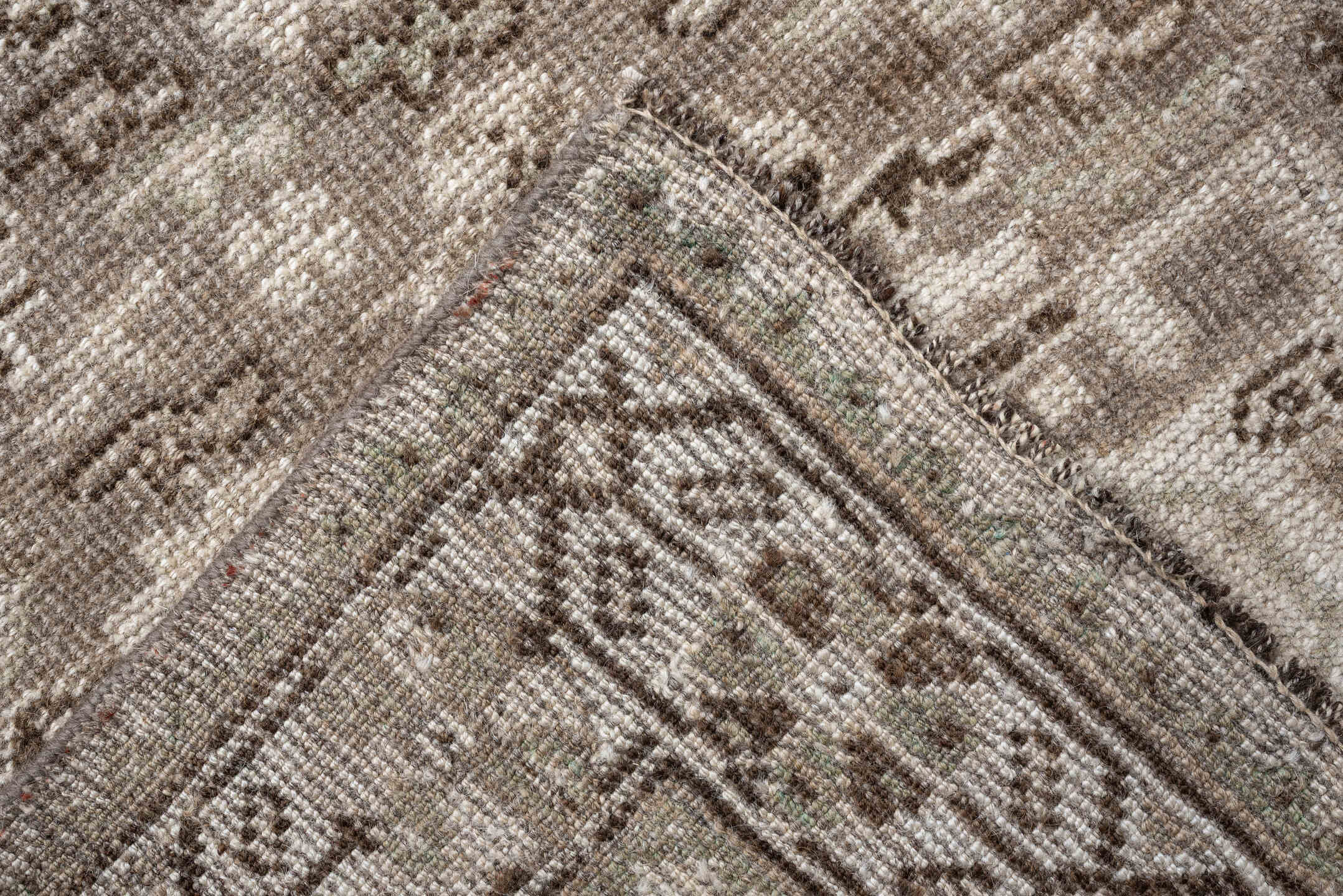 4' x 8' one-of-a-kind handmade antique Shiraz medium size rug. Color palette: taupe, ivory, brown, gray, beige
