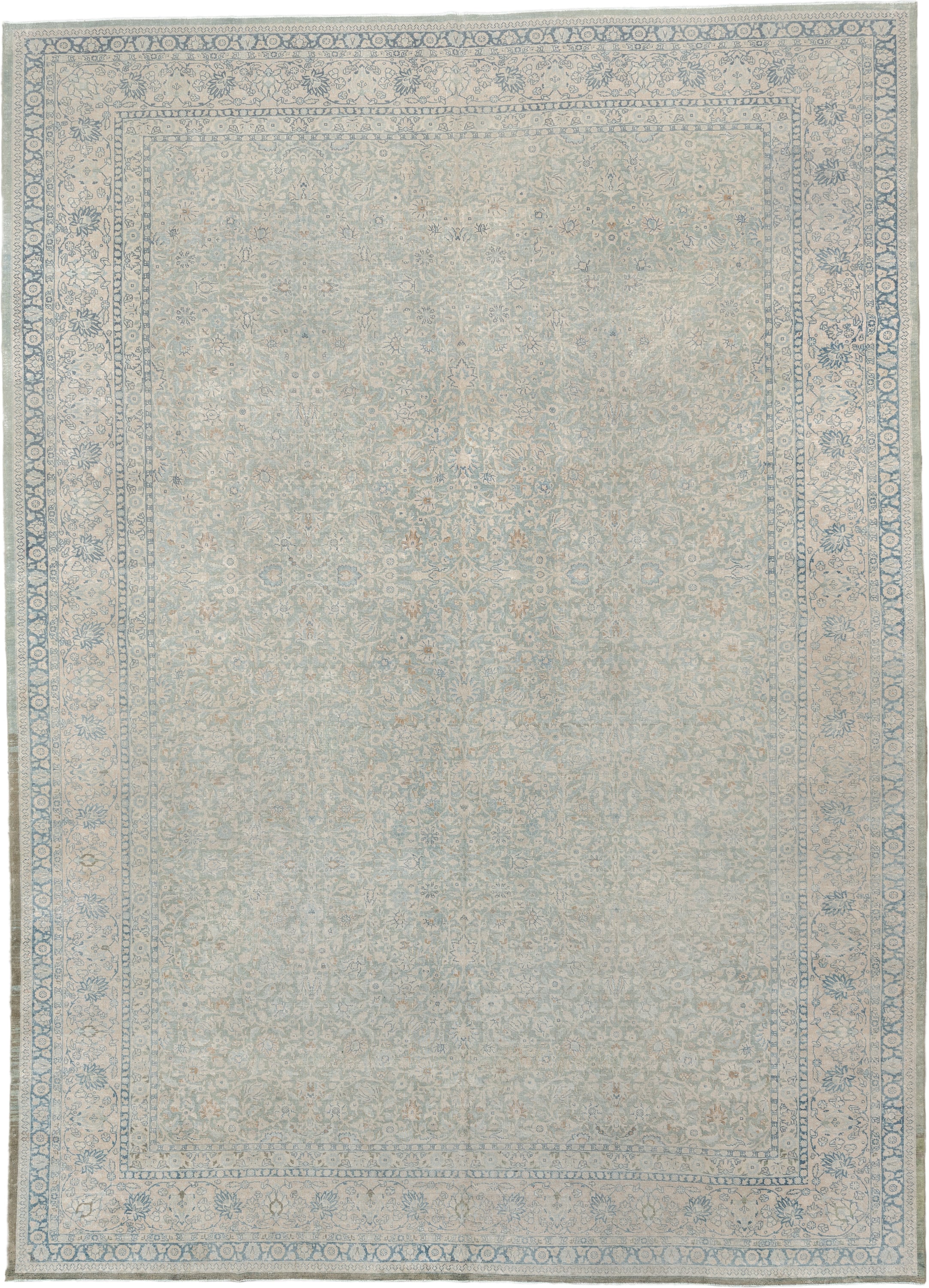 11' x 15' one-of-a-kind handmade antique Tabriz oversize rug. Color palette: ivory, pale blue, sky blue, cream, taupe