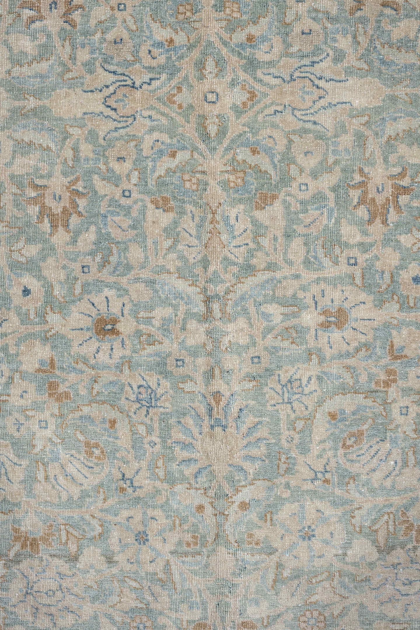 11' x 15' one-of-a-kind handmade antique Tabriz oversize rug. Color palette: ivory, pale blue, sky blue, cream, taupe