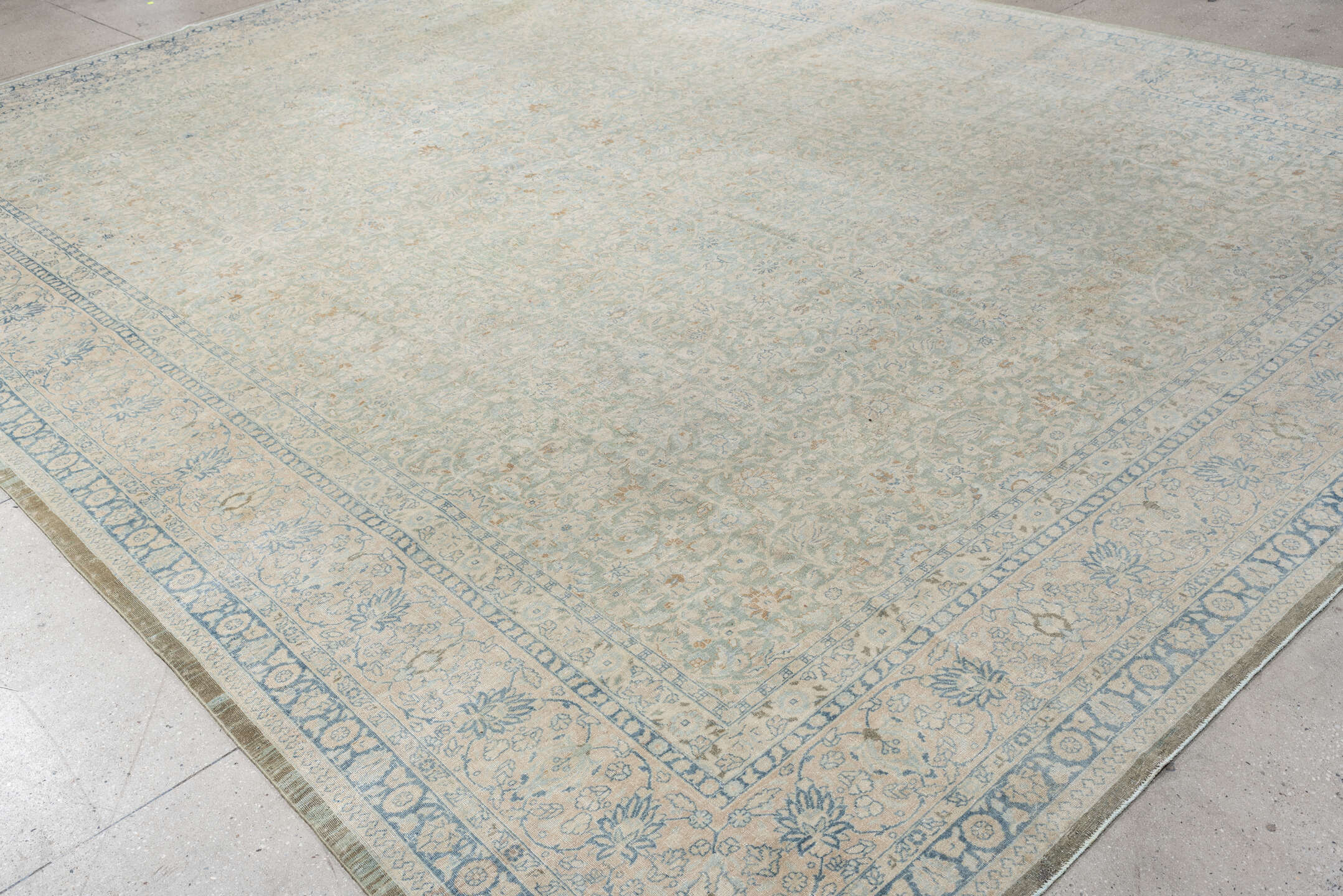 11' x 15' one-of-a-kind handmade antique Tabriz oversize rug. Color palette: ivory, pale blue, sky blue, cream, taupe
