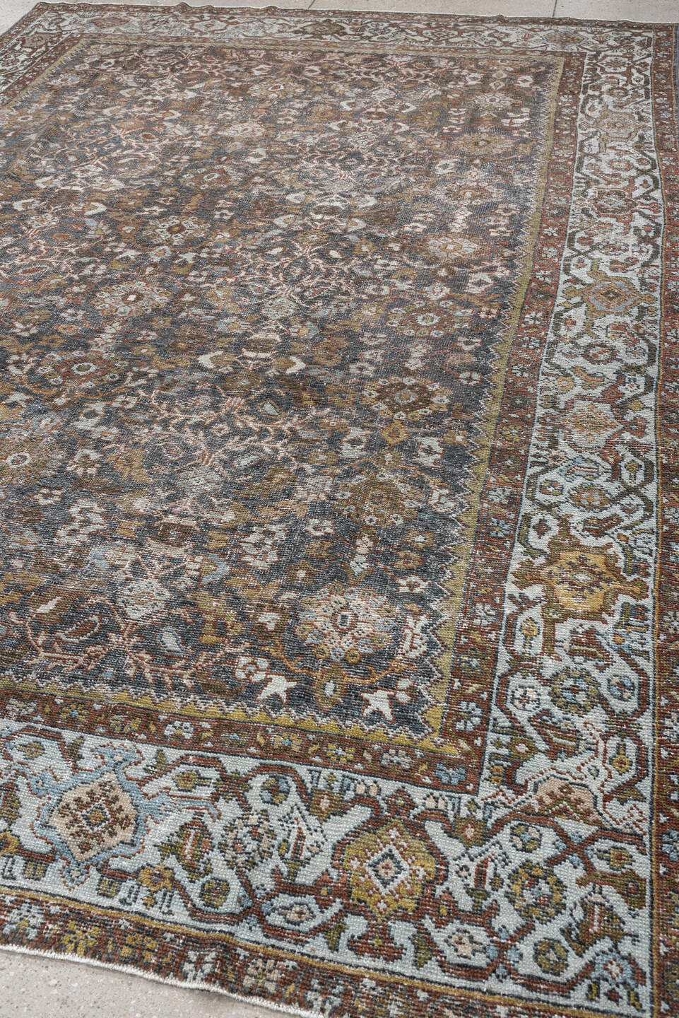 8' x 11' one-of-a-kind handmade antique Mahal large size rug. Color palette: blue-gray, ivory, rust, gold, taupe, brown