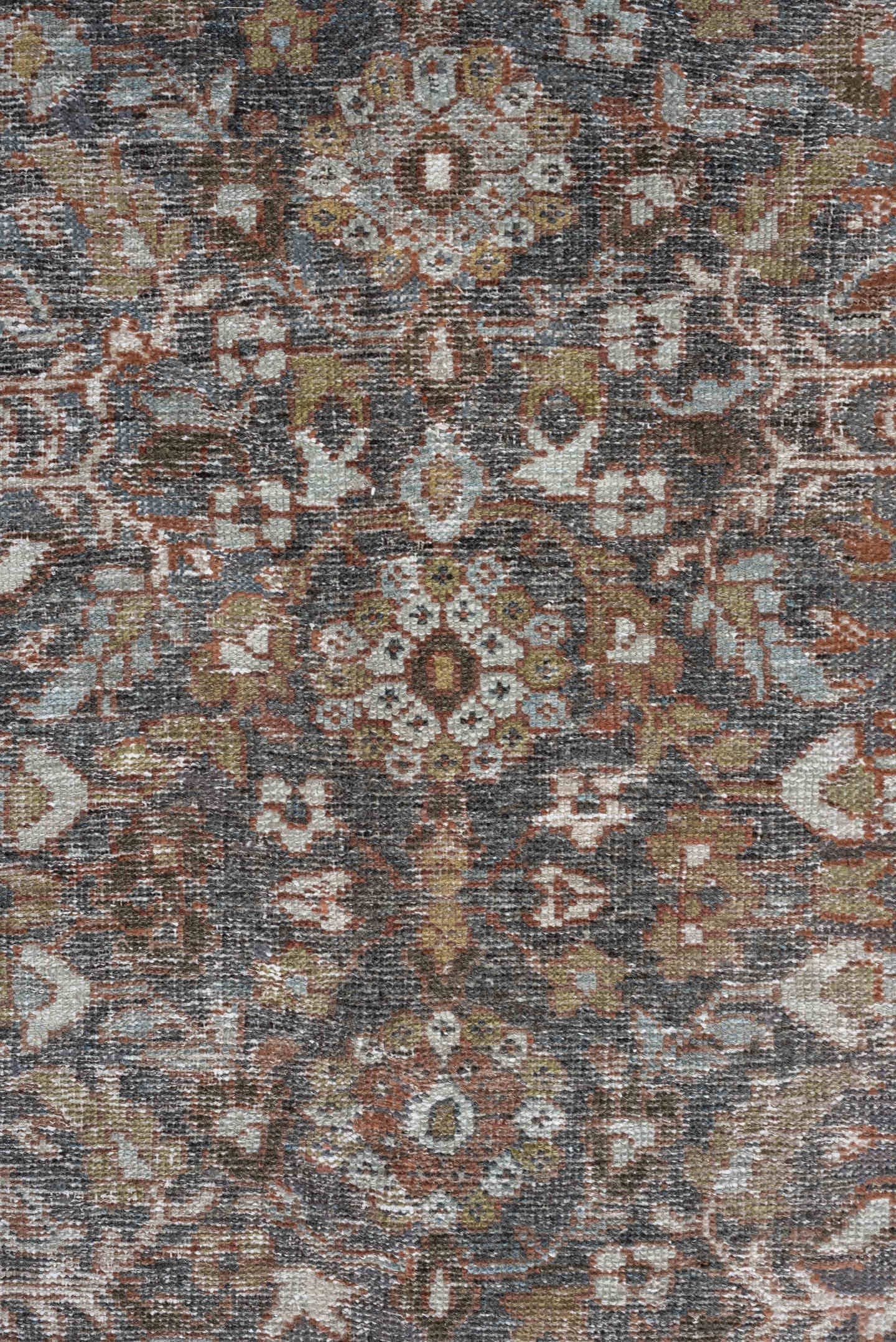 8' x 11' one-of-a-kind handmade antique Mahal large size rug. Color palette: blue-gray, ivory, rust, gold, taupe, brown